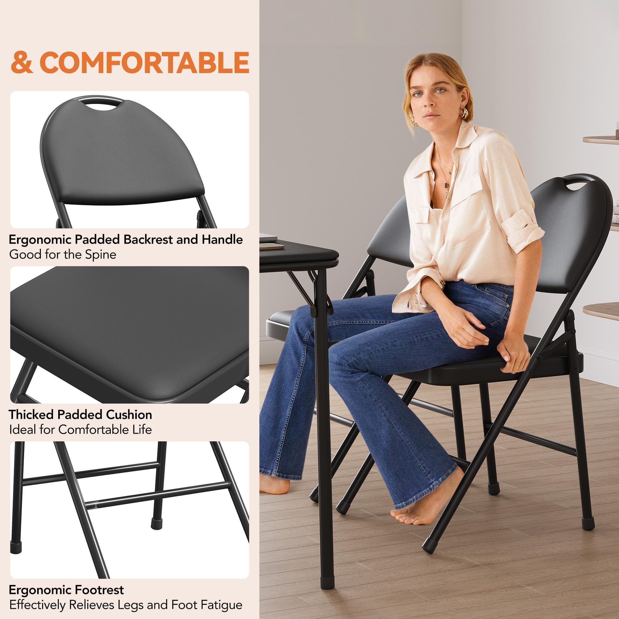 Juego de 4 Sillas Plegables con Asiento Acolchado y Marco de Metal Resistente, Sillas Portátiles con Asa de Transporte para Eventos, Fiesta, Oficina y Hogar,50×47×107 cm