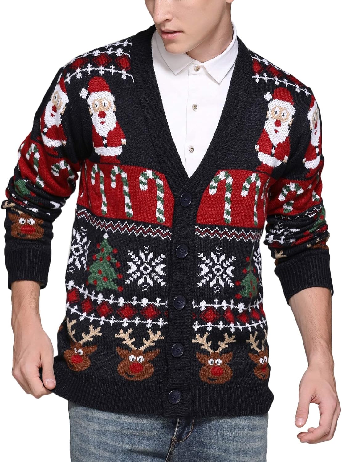 Men's Christmas Rudolph Reindeer Holiday Festive Knitted Sweater Cardigan Cute Ugly Pullover Jumper - Image 4
