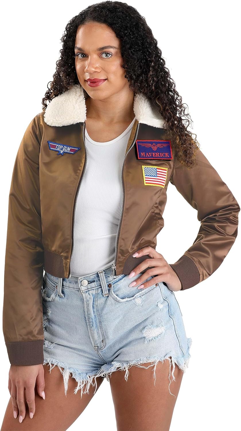 Top Gun Women's Bomber Jacket Costume with Maverick & Goose Patches - Officially Licensed Fighter Pilot Jacket
