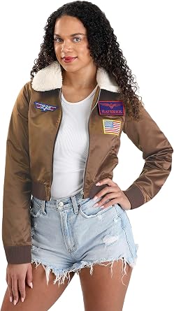 Top Gun Womens Bomber Jacket Costume with Maverick & Goose Patches - Officially Licensed Fighter Pilot Jacket