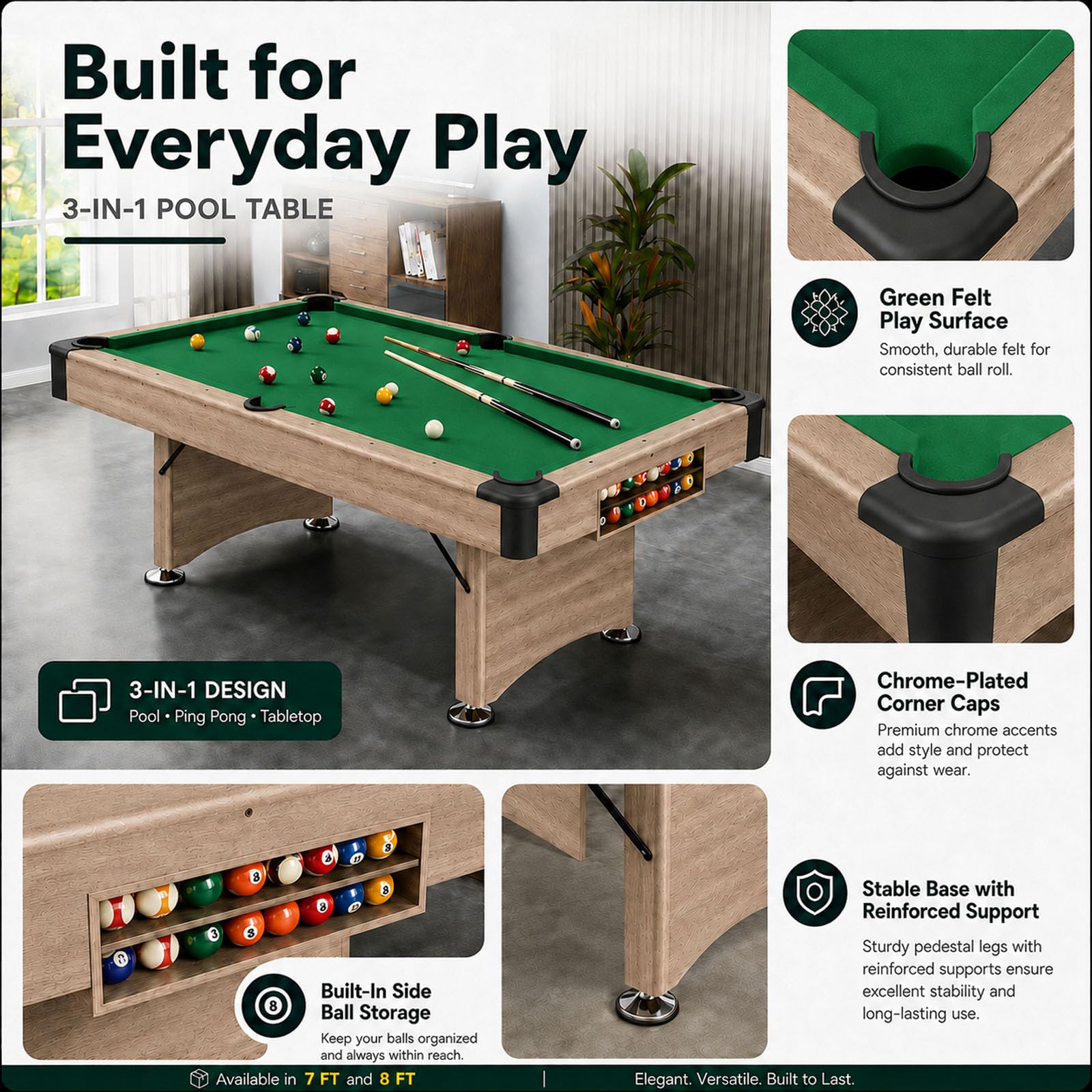 Tavolo da biliardo con tavolo da ping pong e piano da pranzo, design pieghevole per risparmiare spazio, costruzione durevole, perfetto per sala giochi o intrattenimento in famiglia
