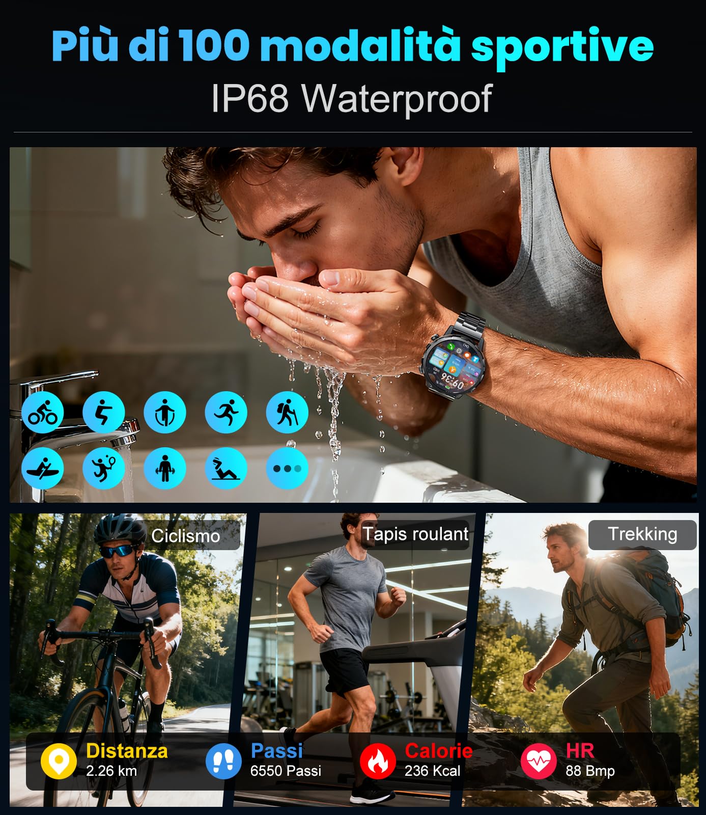 BENYAR Smartwatch Uomo Militare con 1000mAh/Torcia LED/Due Cavi,1,7" Orologio Smartwatch Fitness con Chiamate/IP68 Impermeabile/100+ Sportive/Cardiofrequenzimetro/Sonno/Notifiche Messaggi Android iOS