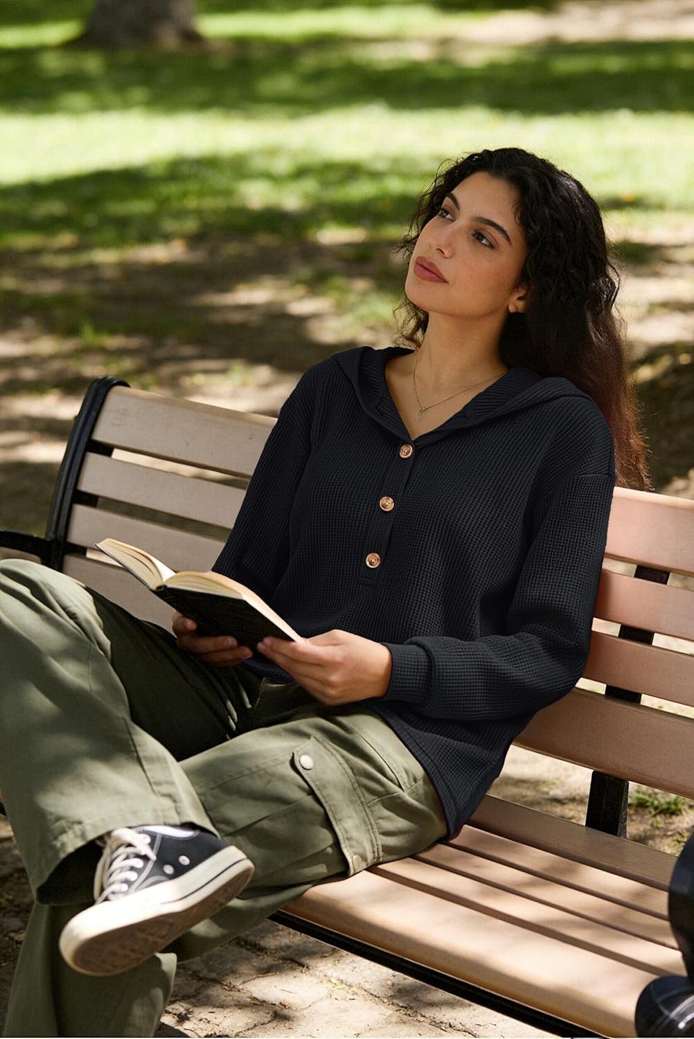 YUCOLEN Womens Waffle Shirt Trendy Cotton Waffle Knit Hoodies Oversized Sweatshirt Casual Waffle Knit Top - Image 3