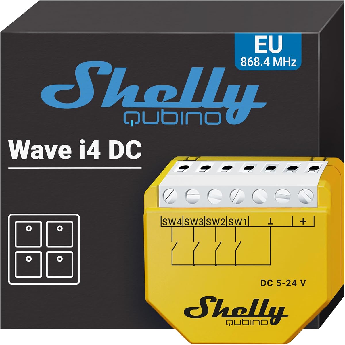 Shelly Wave i4DC – Z-Wave Home Automation Controller with 4 Inputs (5–24 V DC)│ Remote Control of Connected Devices│Timers and Smart Scenes│ 12 Click Actions Possible│ Z-Wave Gateway Required