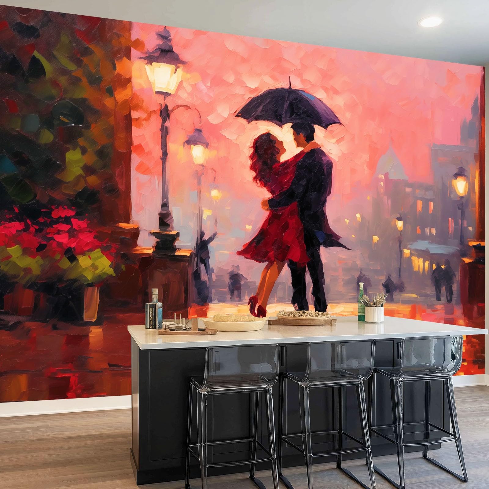 Papel tapiz Pareja Romance Noche Lluviosa Murales Papel Pintado Moderna Decoración 250 x 175 cm Lana Decoración De Pared Sala Cuarto Marrón cálido rojo anaranjado
