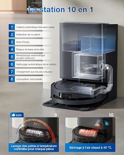 ECOVACS DEEBOT T80 Omni Robot Aspirateur Laveur, 18 000 Pa, Nettoyage Automatique instantané OZMO Roller, ZeroTangle 3.0, Lavage à l'eau Chaude 40-75 ℃, Séchage à air Chaud, Noir - 6