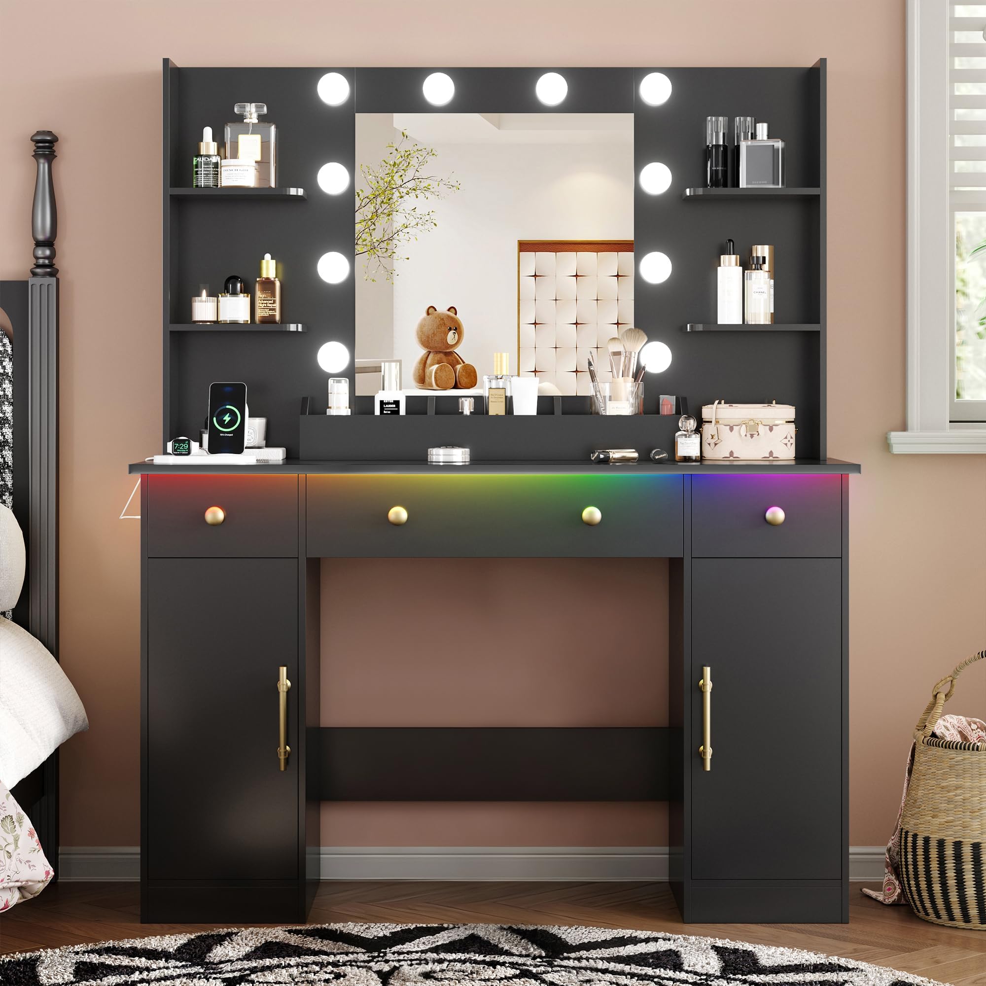 Vanity Desk with Mirror and Lights, 43'' Makeup Dressing Table Set with 5 Drawers & Power Outlet, 3 Lighting Modes Brightness Adjustable, Vanity with RGB Ambient Light for Women Girls Bedroom, Black