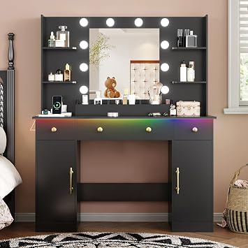 Vanity Desk with Mirror and Lights, 43 Makeup Dressing Table Set with 5 Drawers & Power Outlet, 3 Lighting Modes Brightness Adjustable, Vanity with RGB Ambient Light for Women Girls Bedroom, Black