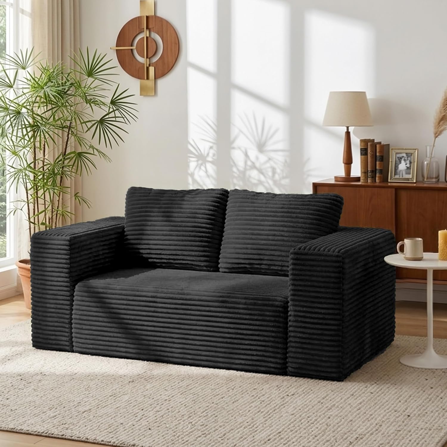 63" Cloud Loveseat Sofa Couch in a Box, 2 Seater Boneless Couch, Comfy Deep Seat Corduroy Sofa, Compressed, No Assembly, Memory Foam, Modern Small Couches for Small Spaces (Black, 63")