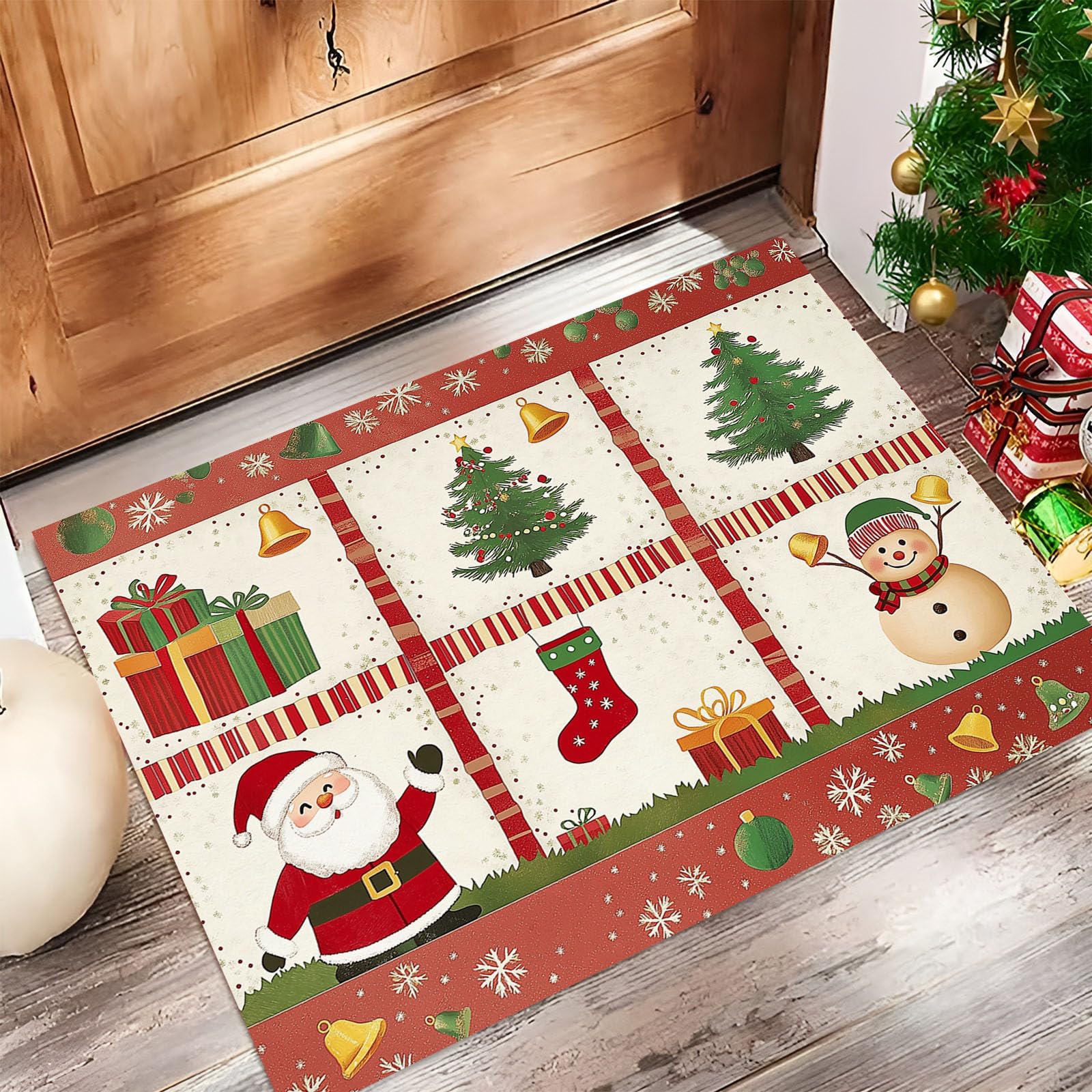 Felpudo Tema Navideño Lavable, Alfombra Pequeña Ilustración Dibujada A Mano De 80X120Cm, Tapetes De Puerta Suaves Para Entrada, Alfombras De Entrada Antideslizantes Rojo Y Blanco De Pelo Bajo