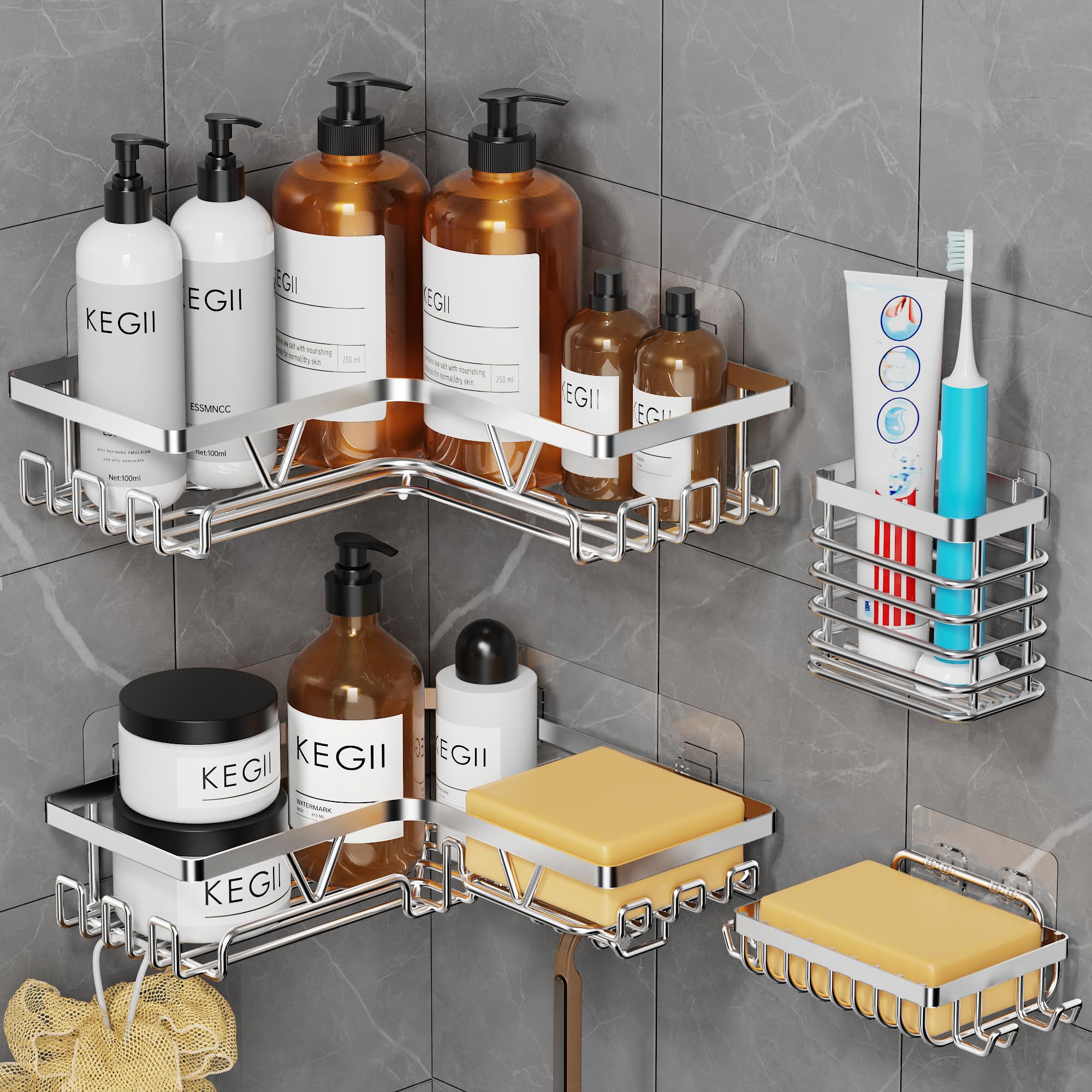 KEGII Corner Shower Caddy Silver - Shower Organiser Set with 2 Corner Shelf, Soap Holder and Toothbrush Holder, Stainless Steel, No Drilling, Strong Adhesive — image 1