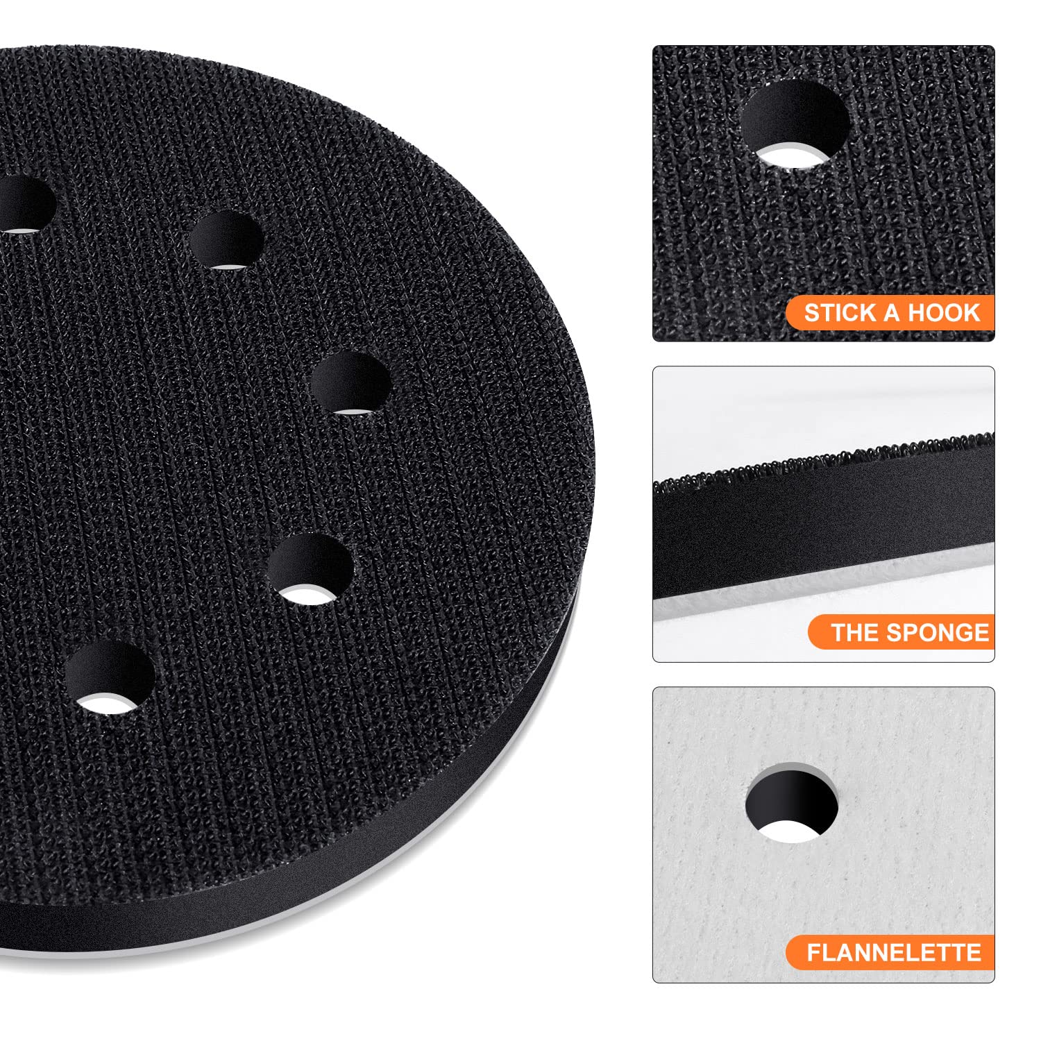 POLIWELL 5 Inch 8 Holes Interface Pad, 5” Orbital Sander Foam Pad for 5 in Orbital Sander, Hook and Loop Soft Sponge Cushion Buffing Pads Sanding Pads Backing Pads, Pack of 2