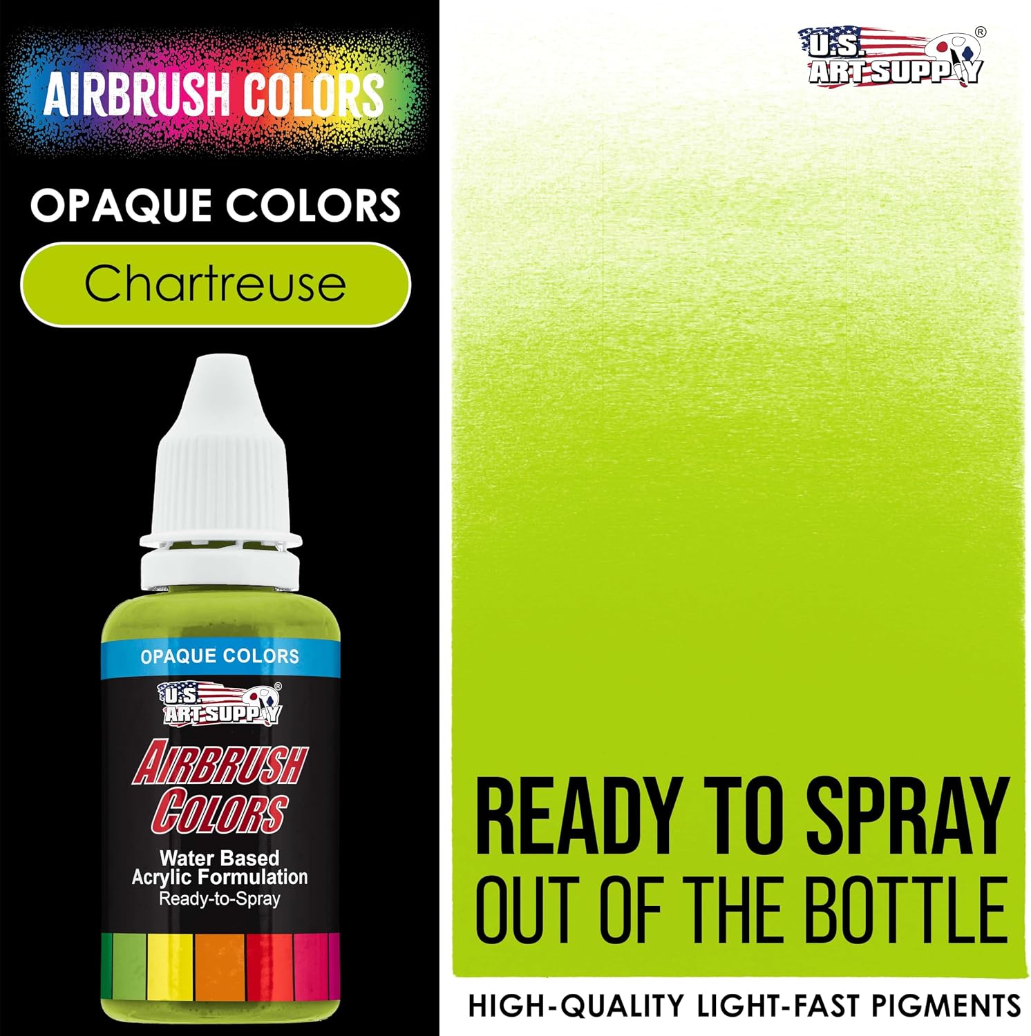 U.S. Art Supply Ready to Spray Opaque Chartruesse Acrylic Airbrush Paint - 1oz Bottle, Professional Grade Non-Toxic Water-Based Colors for Vibrant & Permanent Results