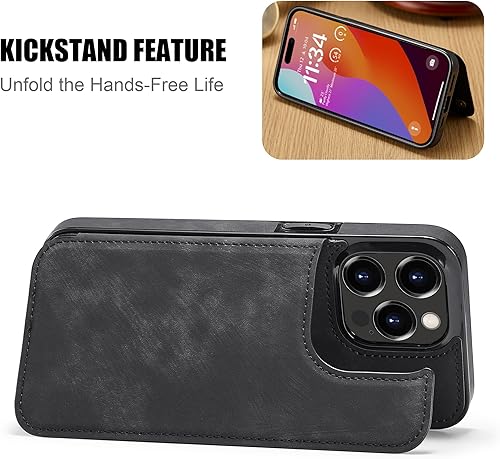 Miniatura 4 de Funda tipo cartera compatible con iPhone 15 Pro de piel sintética con ranura para tarjetero, doble cierre magnético con función atril de 6.1