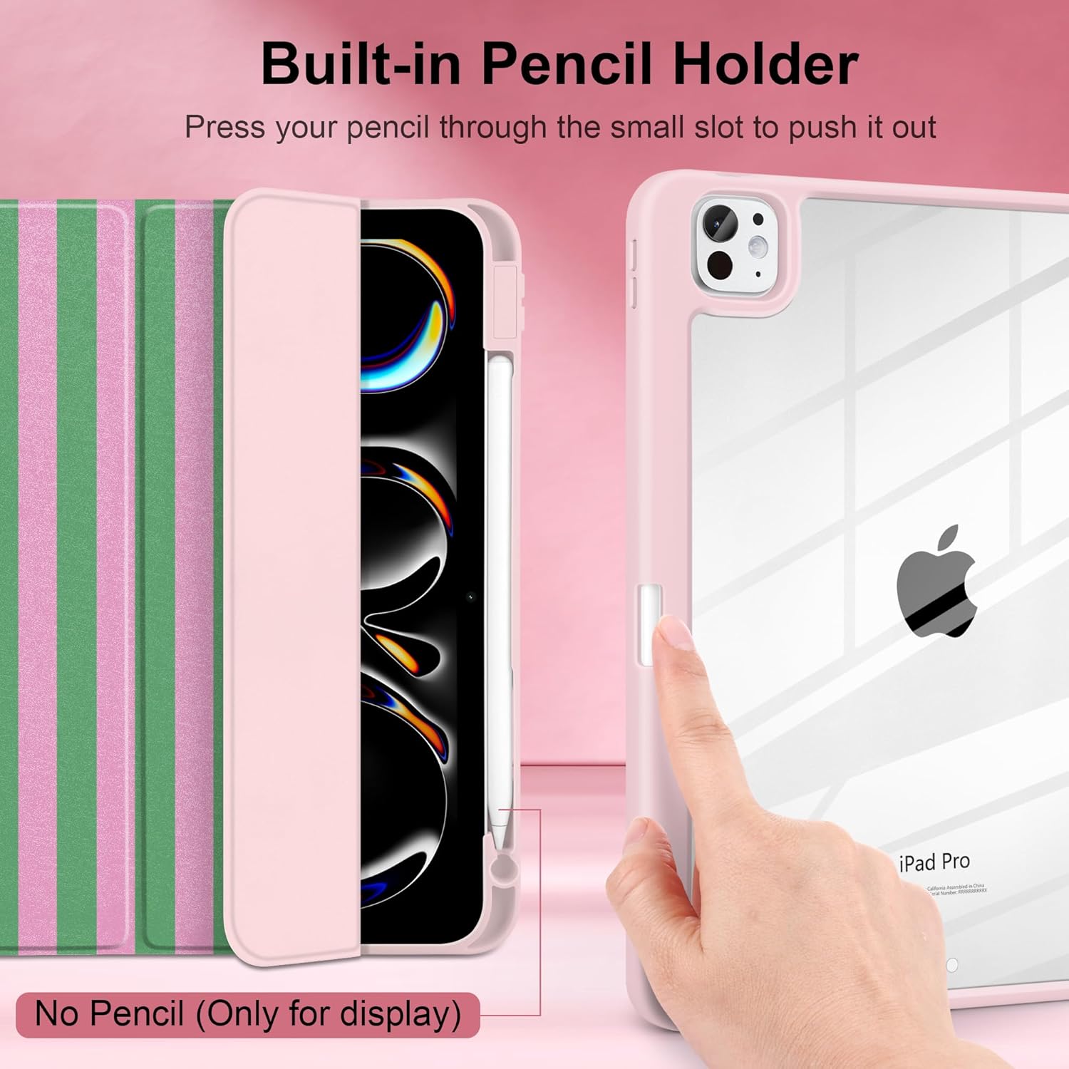 DONGKE for iPad Pro 11-Inch Case (M5 2025 / M4 2024), 6th/5th Generation, [Auto Sleep/Wake & Pencil Pro Holder] Clear Acrylic Back Smart Trifold Stand Cover, Green Stripes