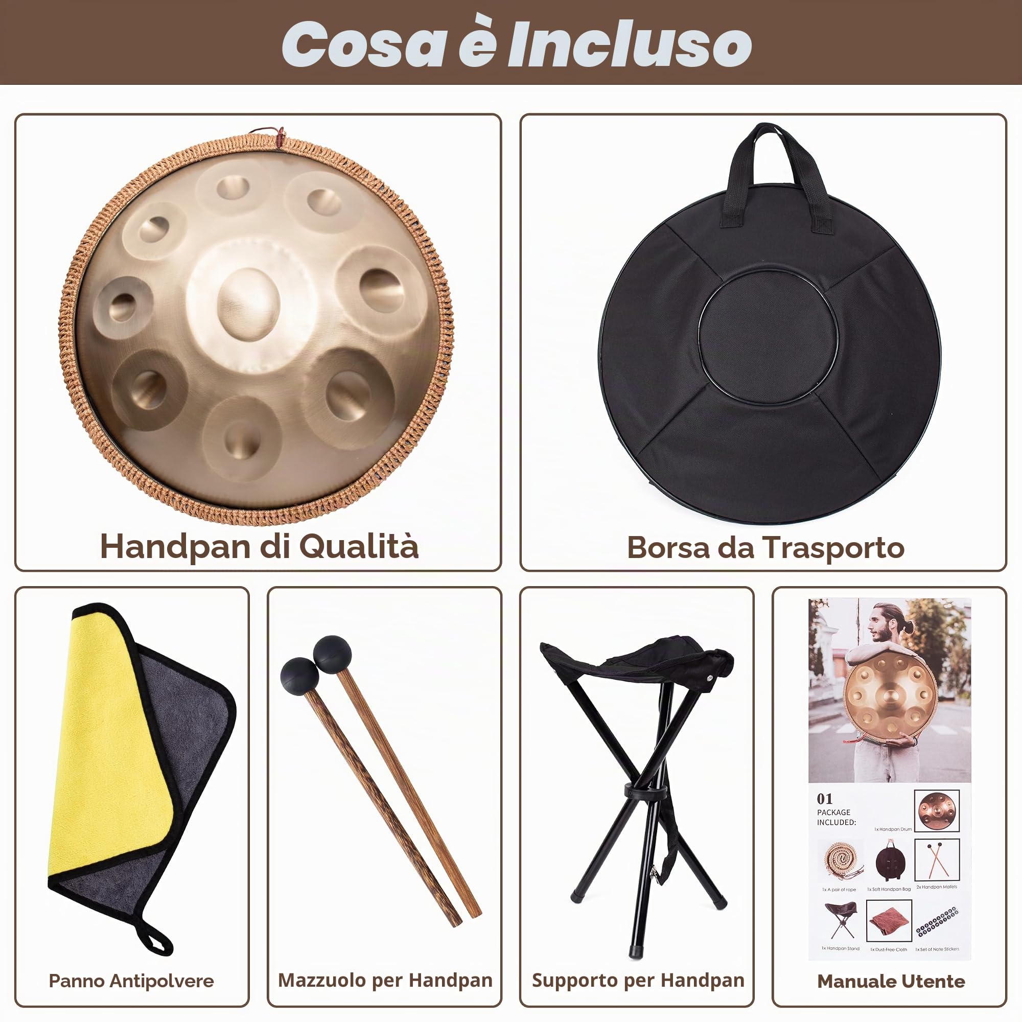 Handpan, Steel Drum, Hand Pan, Tamburo in Acciaio, Oro Metallicoento | 18 Pollici 46cm 9 Note G Minore Principiante Handpan Drum per Meditazione e Yoga, Tamburo a Mano con Borsa e Supporto