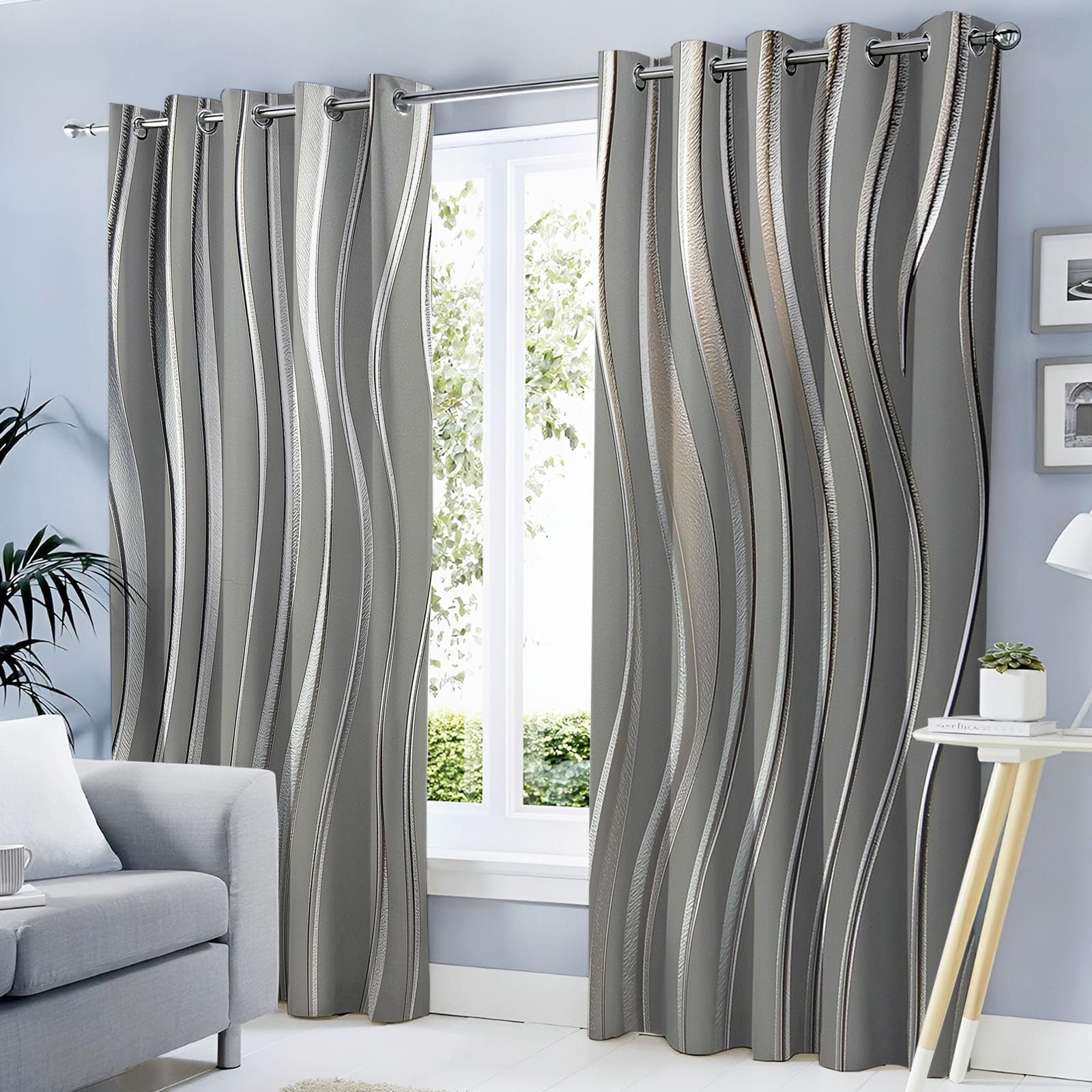 Cortinas Opacas Ondas De Lámina Plateada Brillante para Dormitorio, 240 Cm De Largo, 2 Paneles De Cortinas con Ollaos Geométrico De Lujo para Sala De Estar, Cortina De Aislamiento Térmico, Gris Plata
