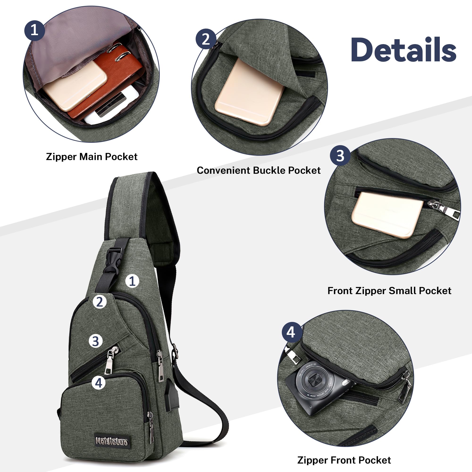 VARLIVOO Moda męska Sling Bag z portem USB Torba na klatkę piersiową Torby na ramię Torba sportowa Torba Crossbody Podróże Piesze wycieczki Kolarstwo Plecak na ramię Wodoodporny poliester Zieleń Wojskowa