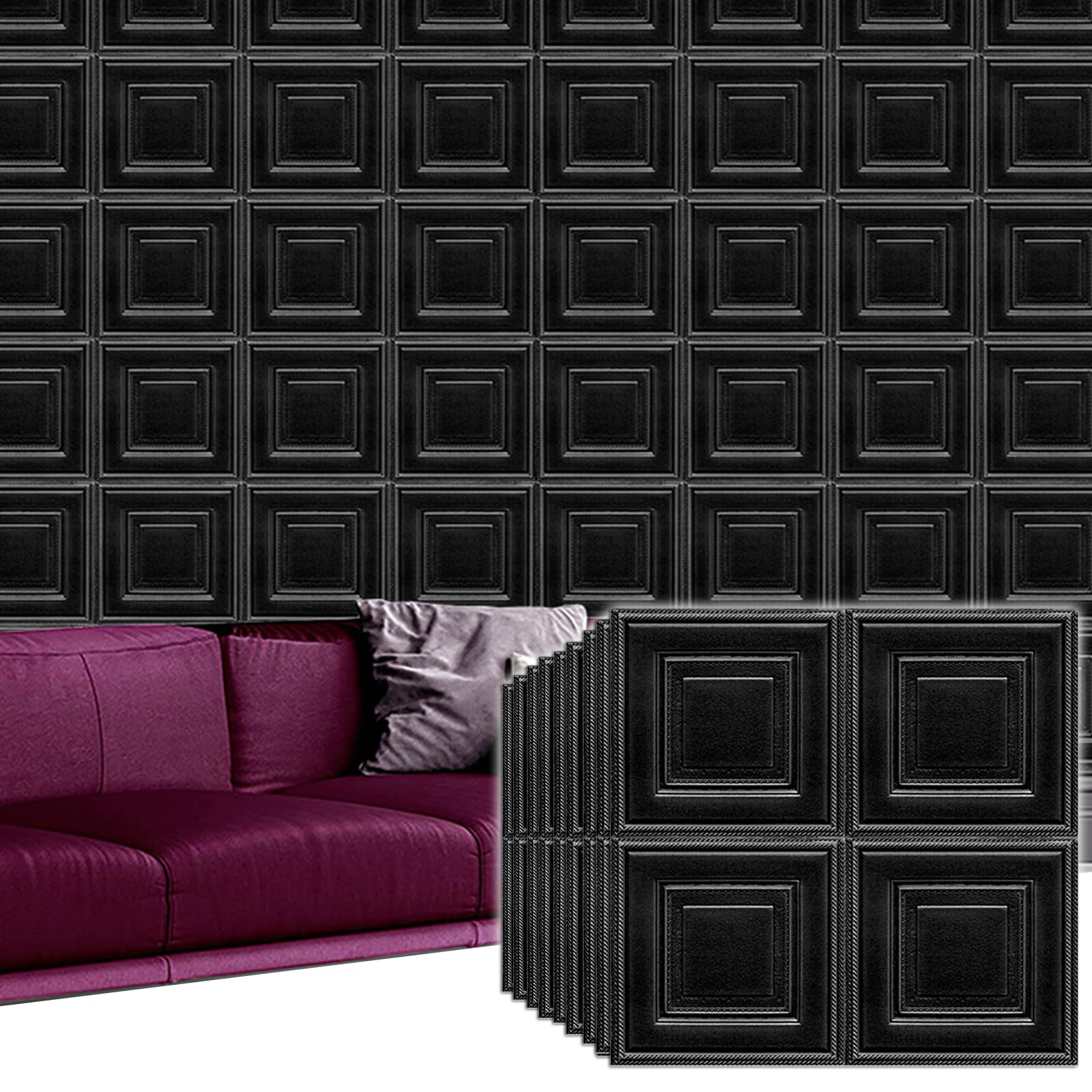 Tarwanear 30 Pack 3D Wall Panels 2.3 ft x 2.3 ft Tartan Ceiling Tiles Self Adhesive DIY Wall Stickers Removable Waterproof Foam Panel Wall Tiles for Bedroom Kitchen Bathroom,Black