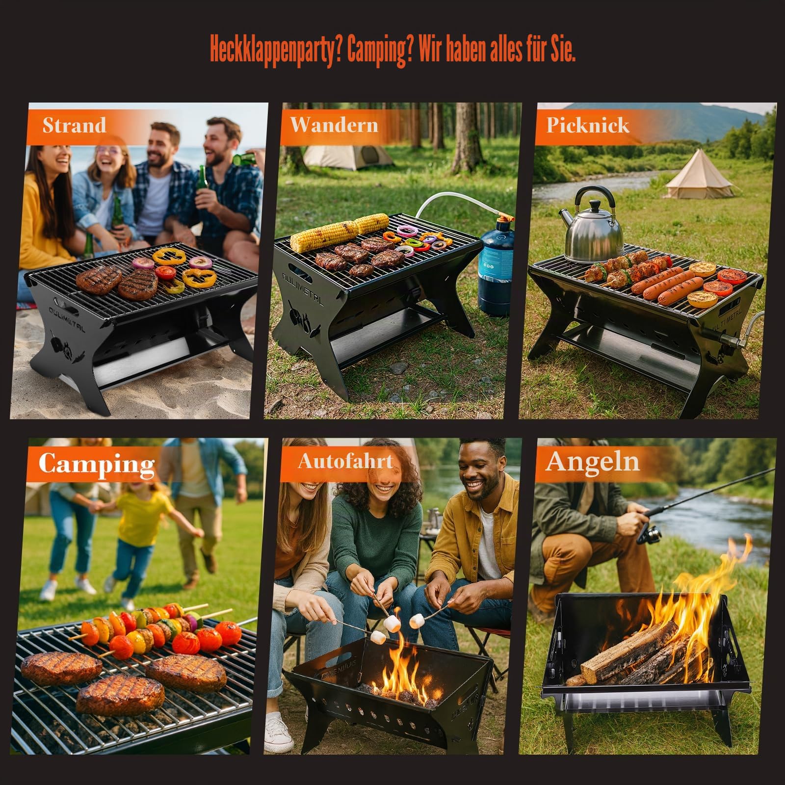 QuliMetal Tragbarer Campinggrill Klappbarer Holz-/Gasgrill mit Tasche | Schwerer Grill & Feuerstelle für Outdoor, Camping, Partys, Terrasse & Garten