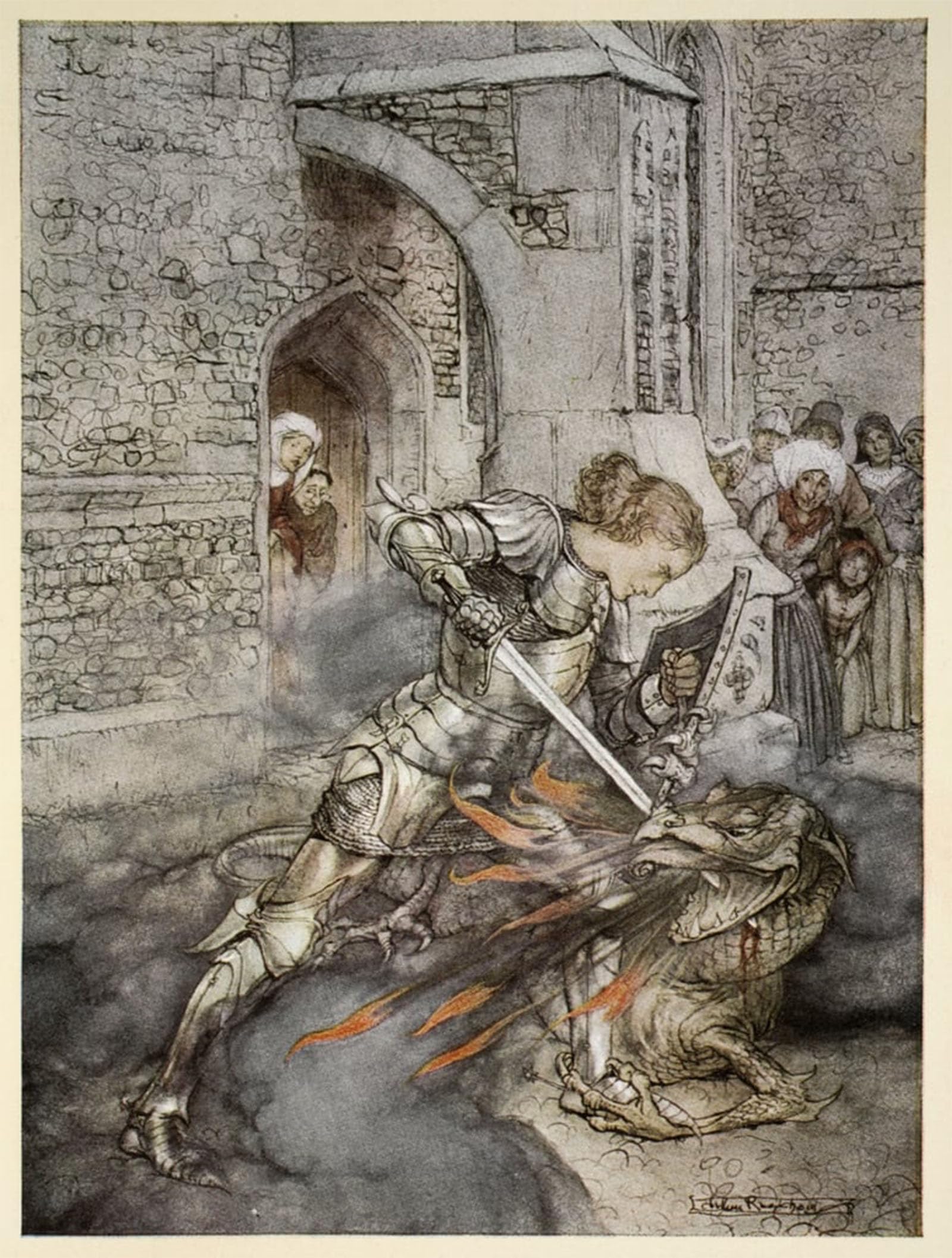 SERENDIPITP Retro Picture Poster Wall Art Pictures Painting How Sir Lancelot Faught with a Friendly Dragon by Arthur Rackham Wall Art Canvas Print for Wall Decor 60x90cm