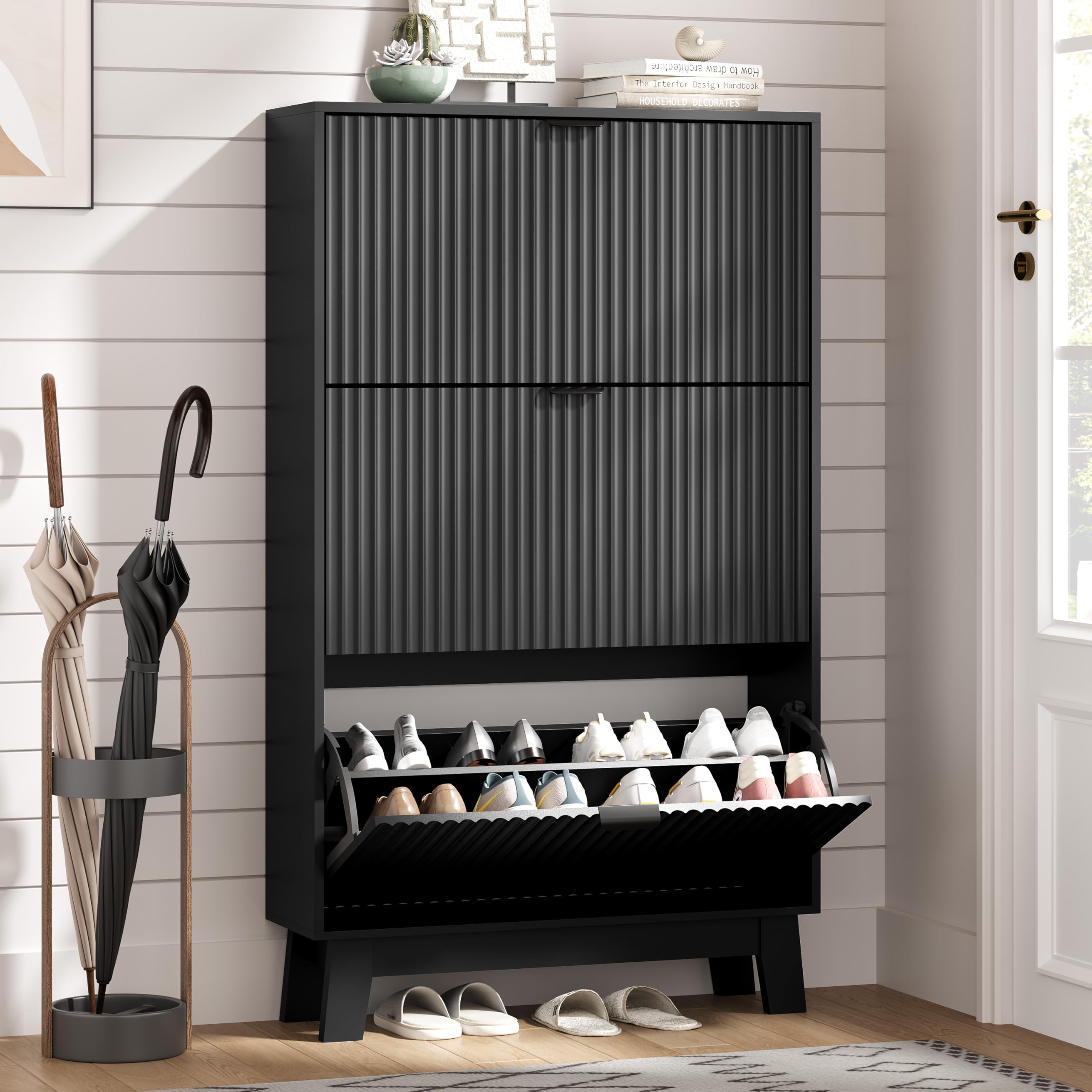 Shoe Cabinet Storage for Entryway with 3 Flip Drawers, Fluted Narrow Shoe Organizer with Wooden Legs, Freestanding Slim Shoe Storage Hidden Shoe Rack Organizer for Front Door Entrance, Hallway, Black