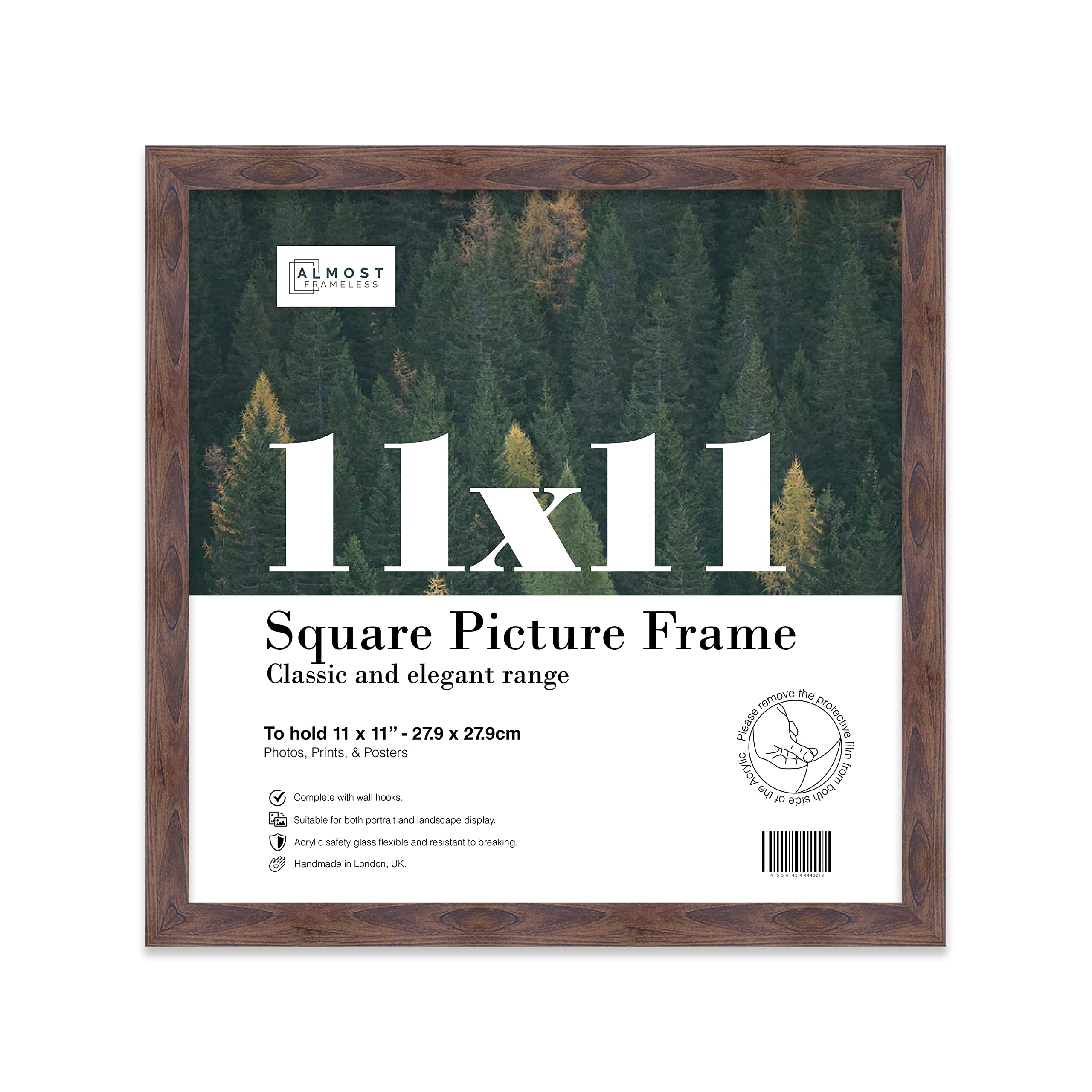 Almost Frameless 11x11 Walnut Picture Frame 11"x11"(27.9x27.9cm) Poster, Photo, Artwork, or Print. Thin Edge Slim Frame Portrait and Landscape Display with Wall Hooks