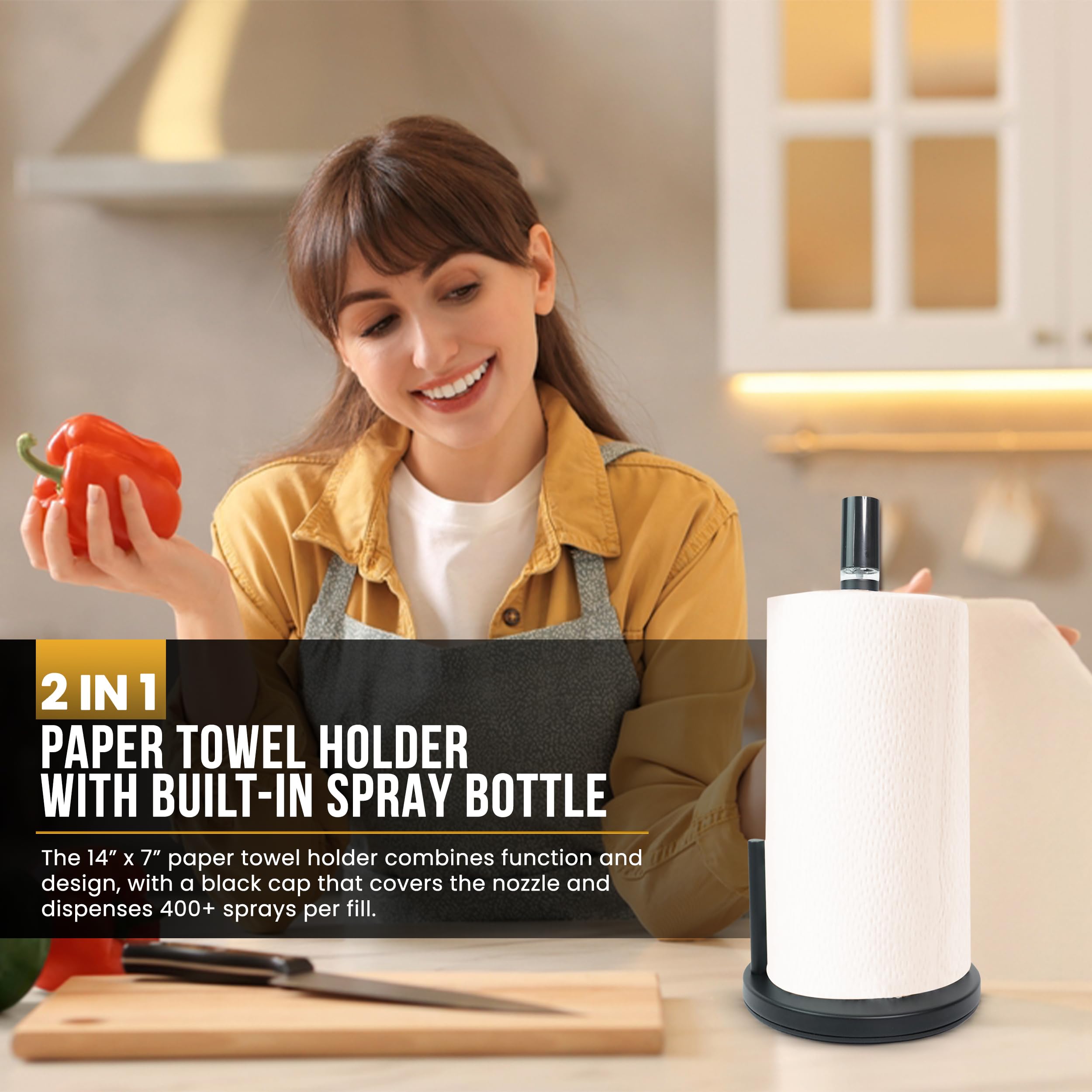 Atractivo soporte para toallas de papel 2 en 1 con botella de spray, soporte para toallas de papel negro mate para encimera y botella de spray, soporte de rollo de papel de pie para cocina y 4