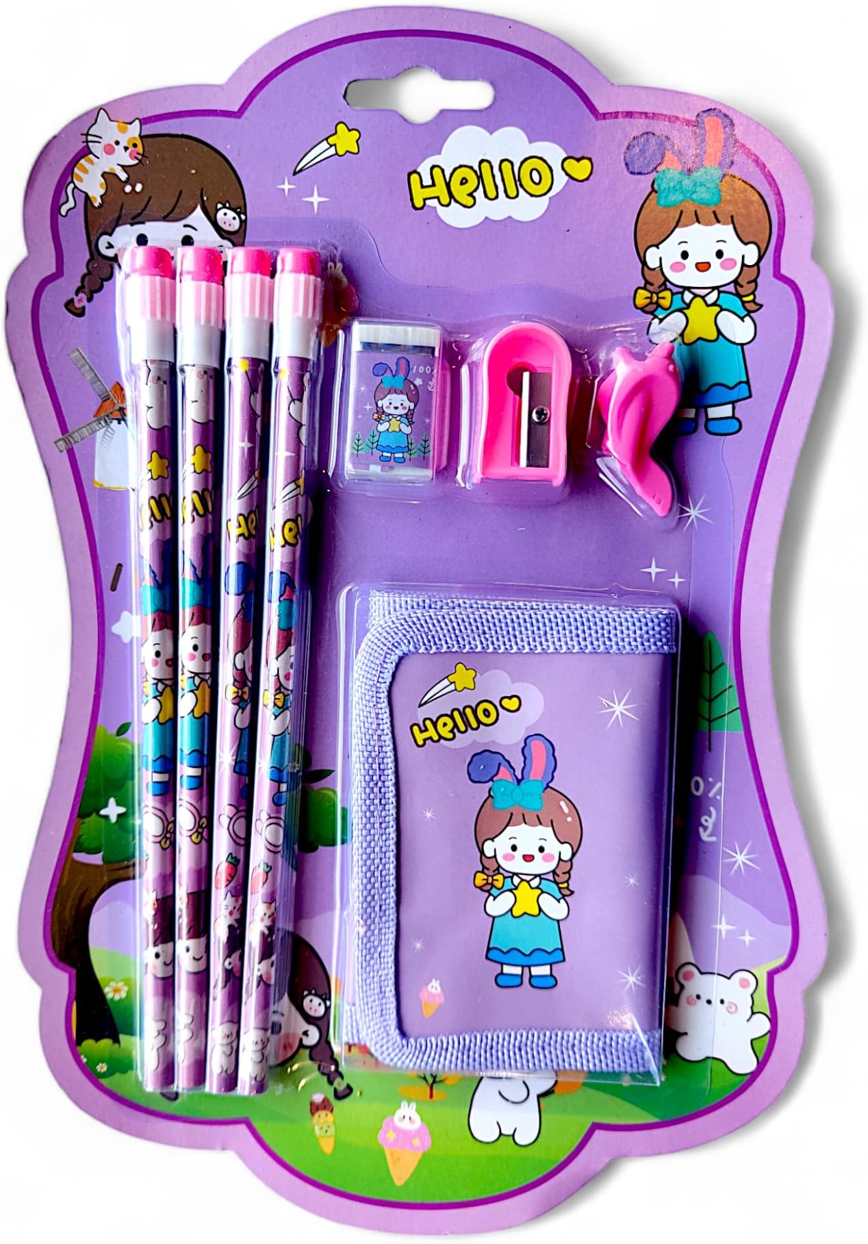 Kidorado - Stationery Set for Girls and Boys | Kids Return Gift - 5 In 1 School Items For Kids- Pencils, Eraser, Sharpener, Pouch, Pencil Extender | Birthday Gift Idea - Pack of 6 Sets (Cute Girl)