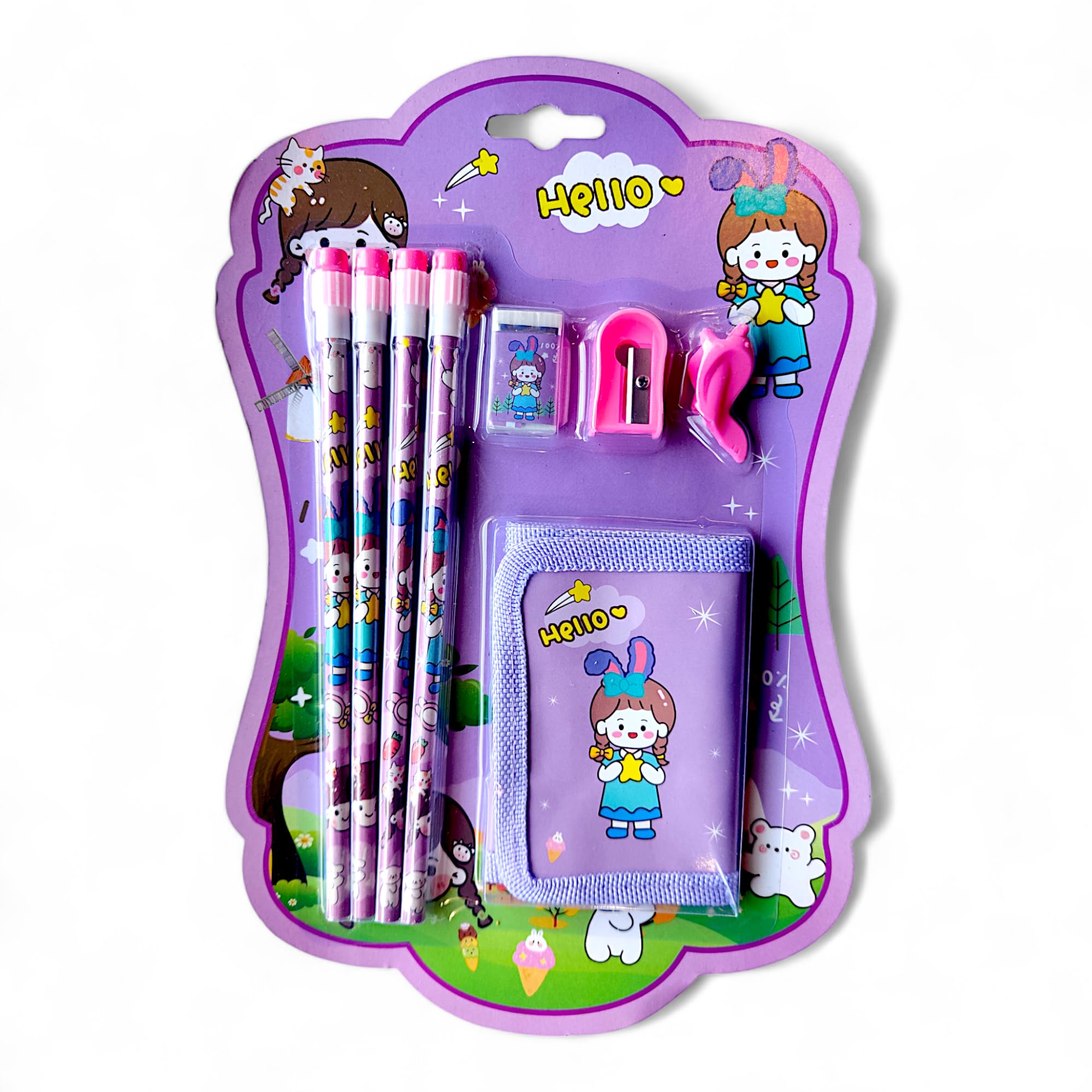 Kidorado - Stationery Set for Girls and Boys | Kids Return Gift - 5 In 1 School Items For Kids- Pencils, Eraser, Sharpener, Pouch, Pencil Extender | Birthday Gift Idea - Pack of 6 Sets (Cute Girl)