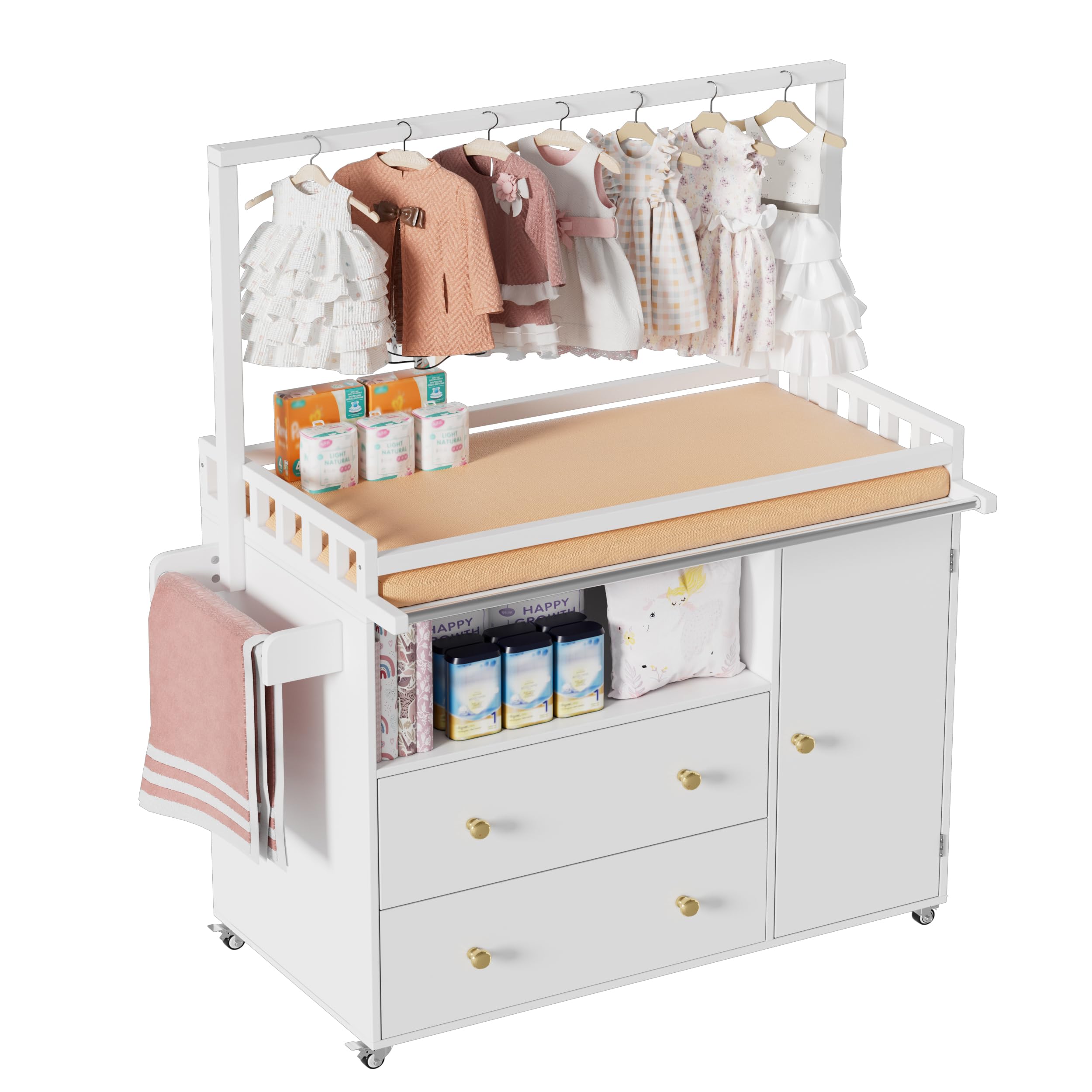 MSFE Mueble Cambiador para Bebé Con Ruedas, Tablero Ancho y Perchero, Cambiador Multifuncional Convertible en Cómoda, No incluye cojín de mesa, 136 x 100 x 48cm, Dos paquetes