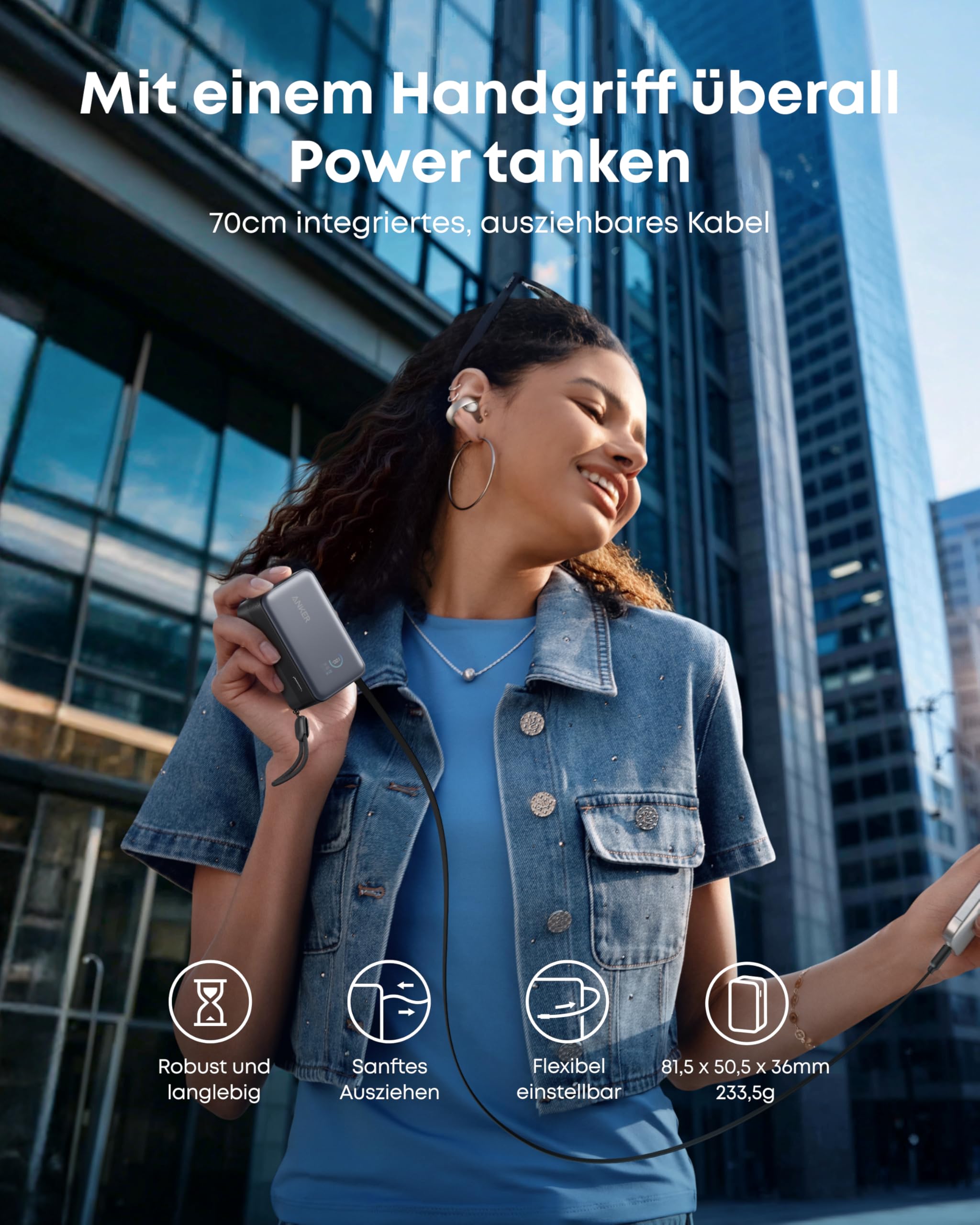 Anker Nano Powerbank,10.000mAh Externer Akku mit 70cm Anker InstaCord Einzugskabel, 45W Max Kompakter Akku, Smart-Display, für iPhone 17/16, iPad, Galaxy, Pixel und mehr
