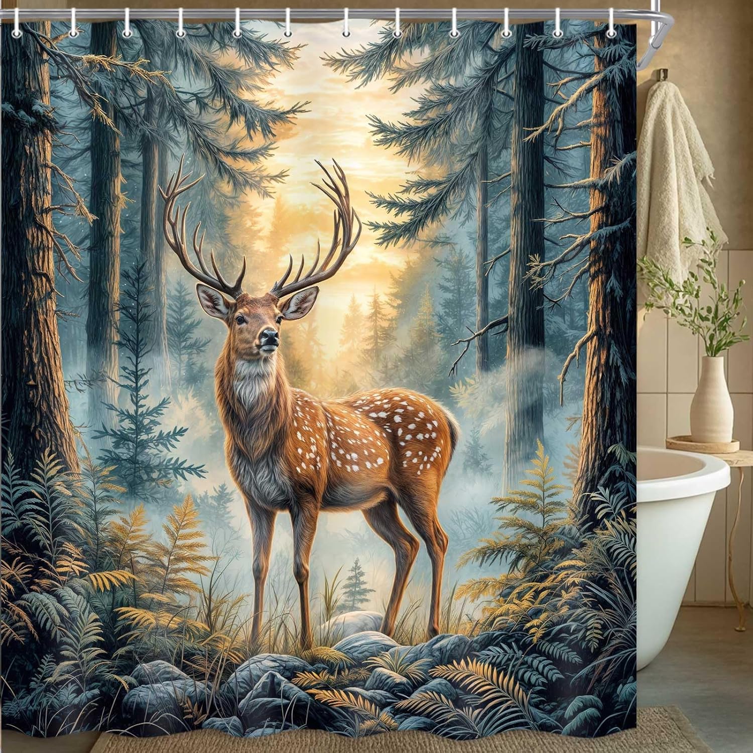 Rustic Forest Deer Shower Curtain Brown Woodland Hunting Camping Cabin Farmhouse Animal Lake Wildlife Nature Scenery Polyester Fabric Bath Curtain Set with Hooks 71X84 in