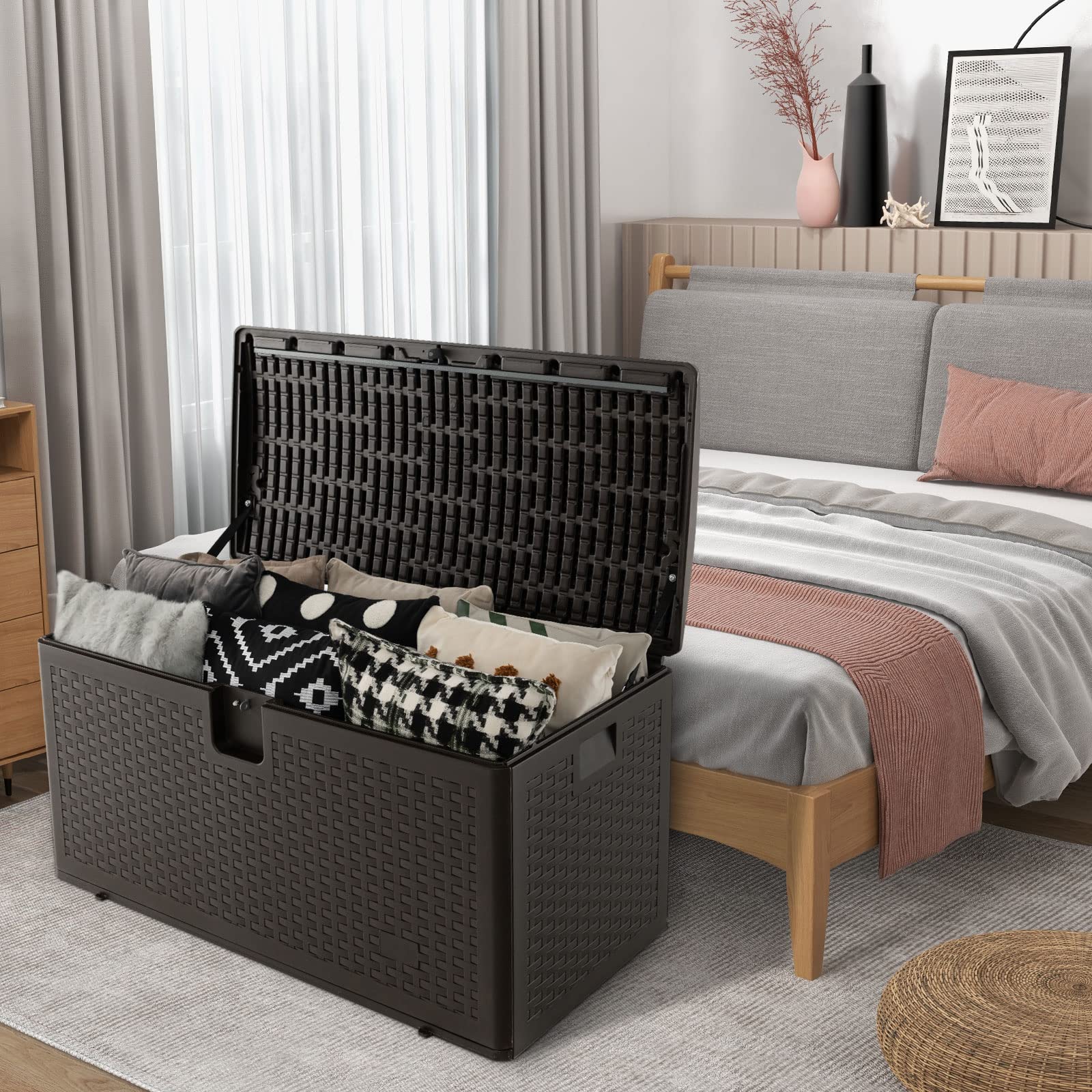 GIANTEX Cassapanca Per Esterni in Metallo e PE Rattan, Contenitore Impermeabile da 276 L, con Chiusura a Chiave, 114 x 54 x 56 cm, Marrone