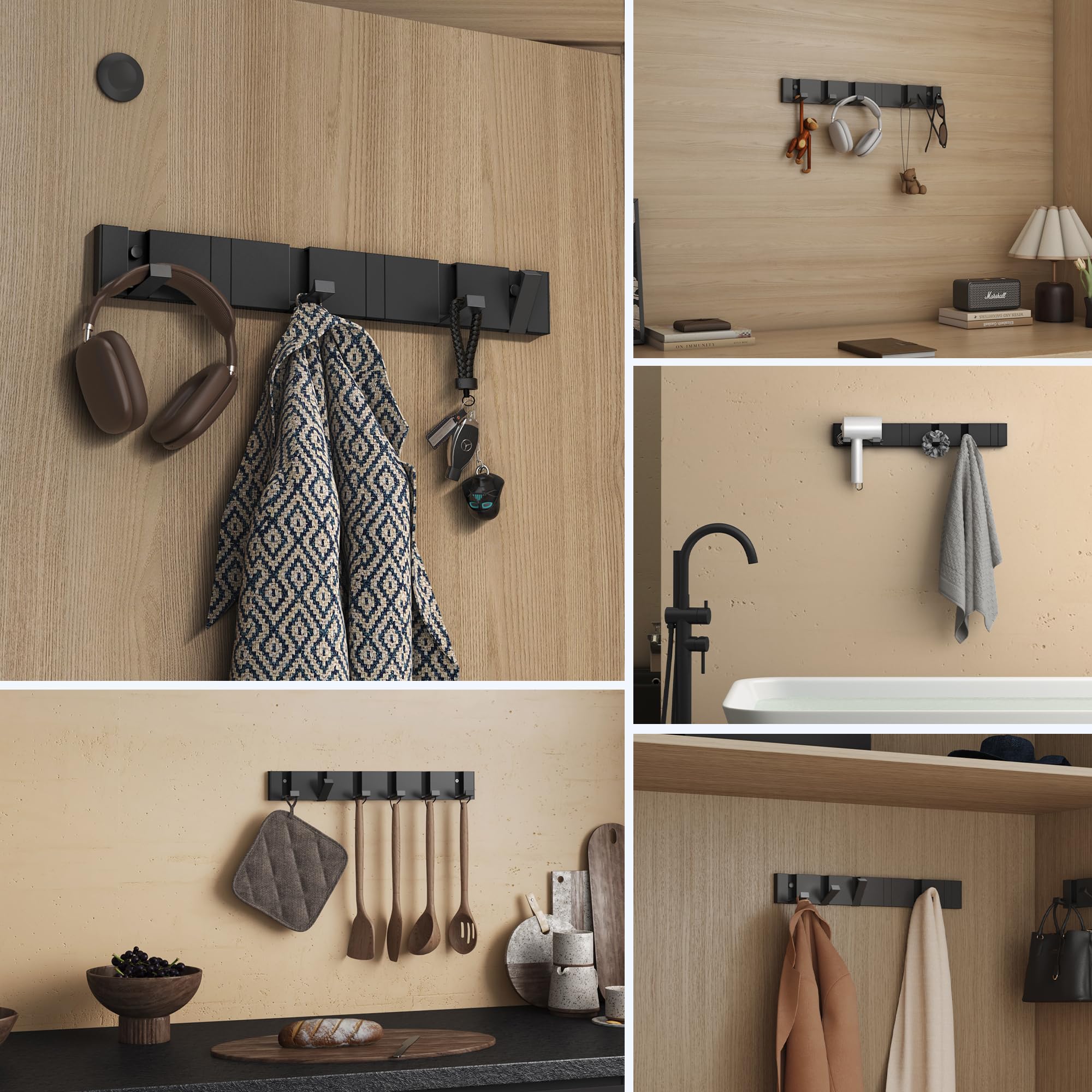 doporro Appendiabiti da Parete con 6 Ganci Ribaltabili, Attaccapanni da Muro in Alluminio Appendiabiti 44,5 cm per Cameretta, Ingresso, Cucina, Nero Wandgarderobe01