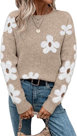 SHENHE Womens Floral Pattern Crewneck Long Sleeve Drop Shoulder Sweaters Pullover Tops