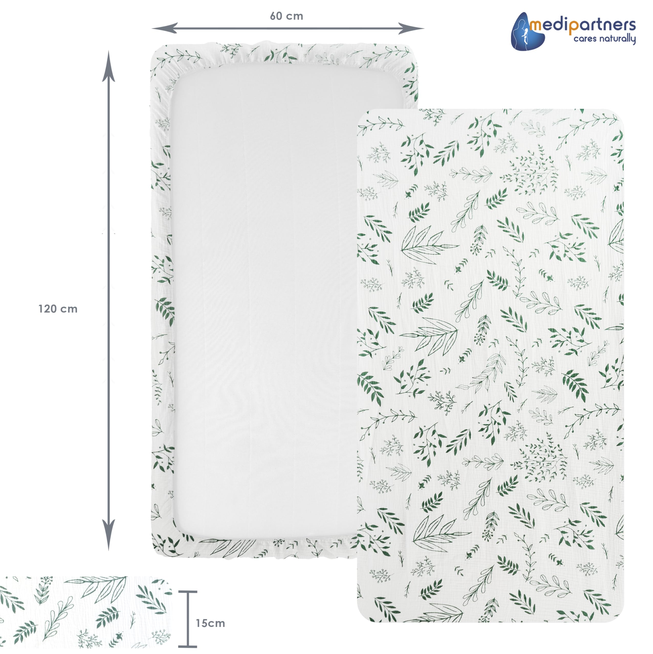 Medi Partners Drap Housse 60x120 Lot de 3 Draps lit Bebe Matelas Enfant Bébé - 100% Coton Fitted Draps Lit pour Baby Bed Cover Sheets Matela literie Mattress Couette(Feuille d'olivier-Blanche-Olive)