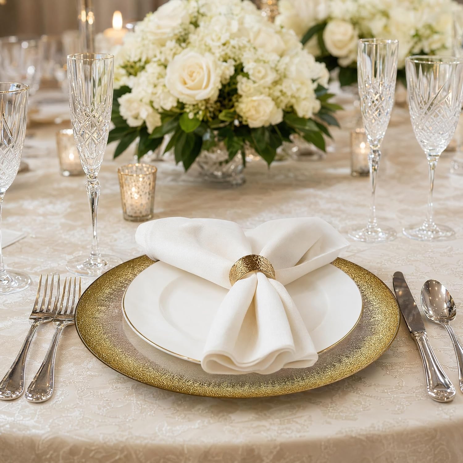 Gold Glass Charger Plates, Set of 12-13 Inch Round Clear Chargers for Dinner Settings with Bottom Foil Accent for Wedding Party Table Decor
