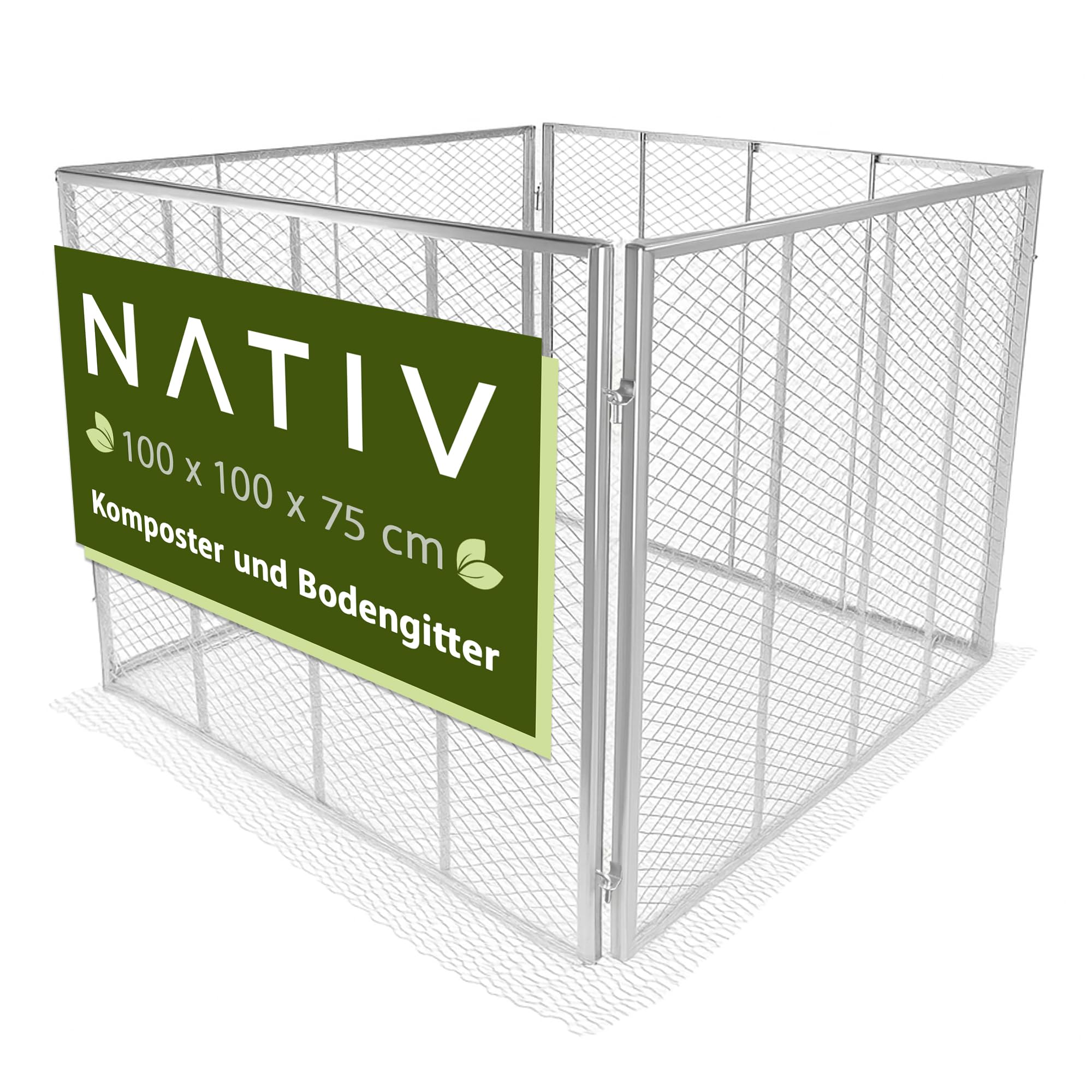 NATIV Garten Komposter 100x100x75 cm mit Bodengitter, Metallkomposter mit 750 Liter Volumen, Drahtkomposter für eigenen Kompost, Metall Komposter als Kompostsieb nutzbar, Kompostierer für Komposterde