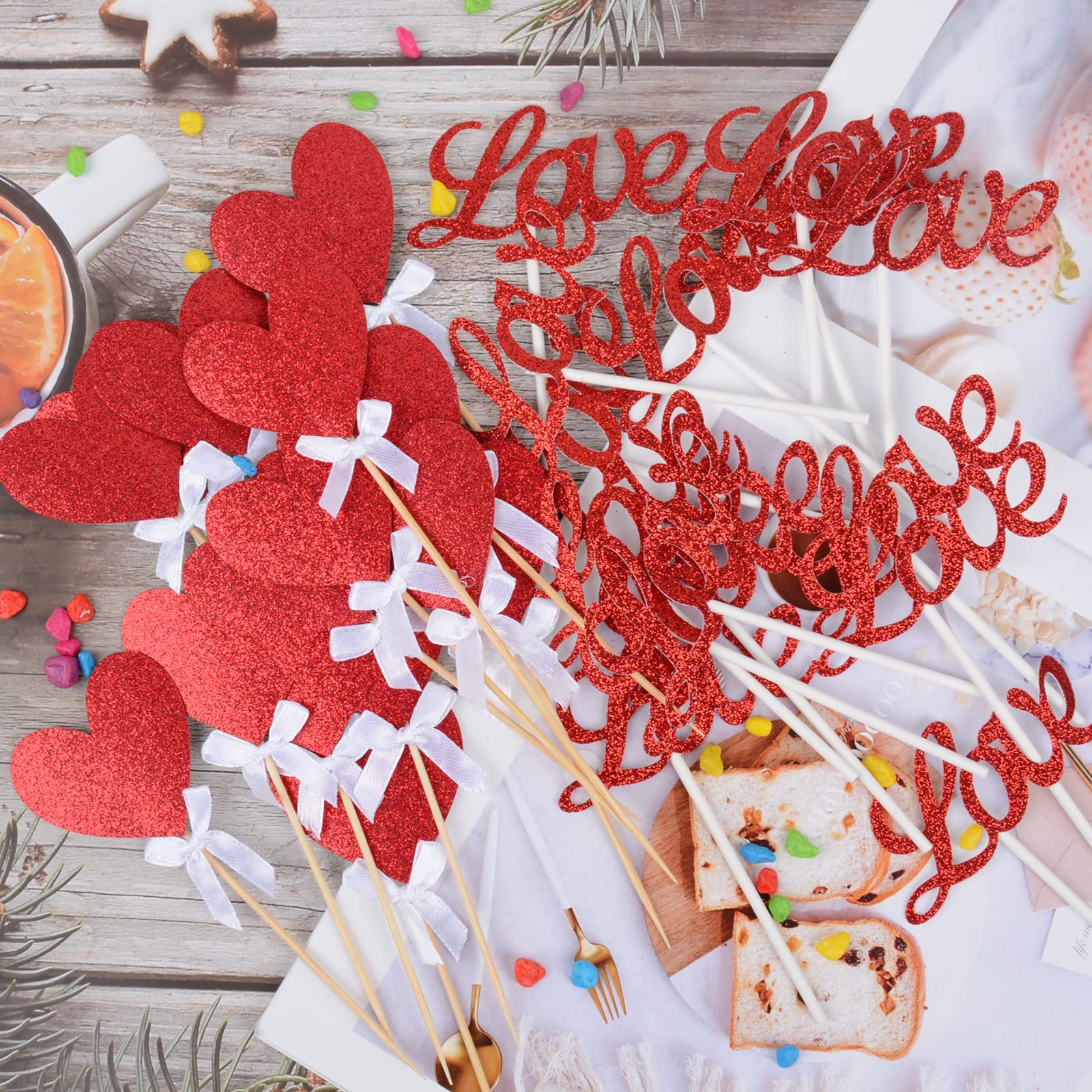 Lot 35 Décorations Gâteau Cœurs Rouges Pailletés - Saint-Valentin Mariage Fête Prénuptiale