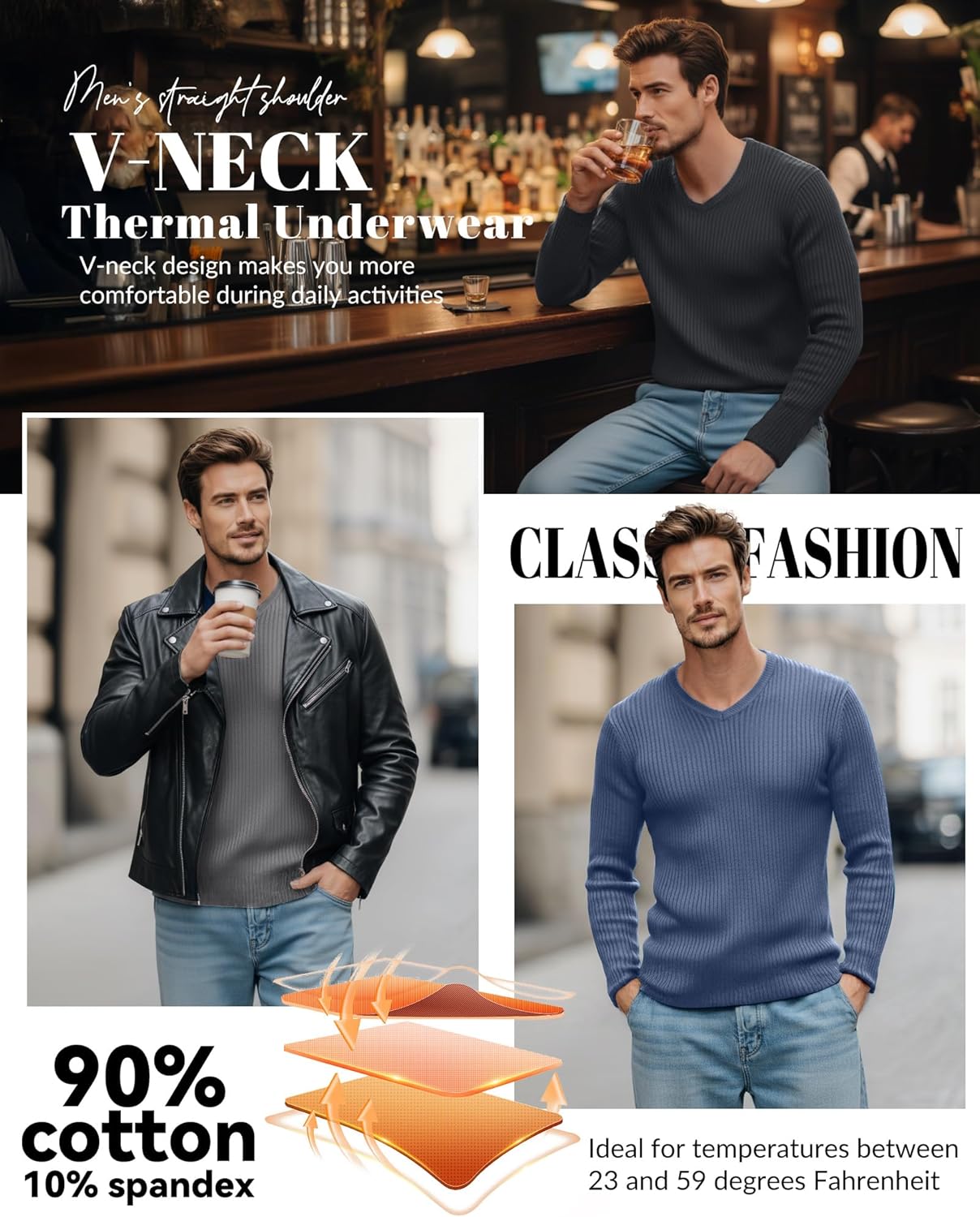 5 Pack Men's Ribbed Thermal Shirts Cotton Long Sleeve V Neck Tops Slim Fit Pullover Undershirt Winter Base Layer - Image 4