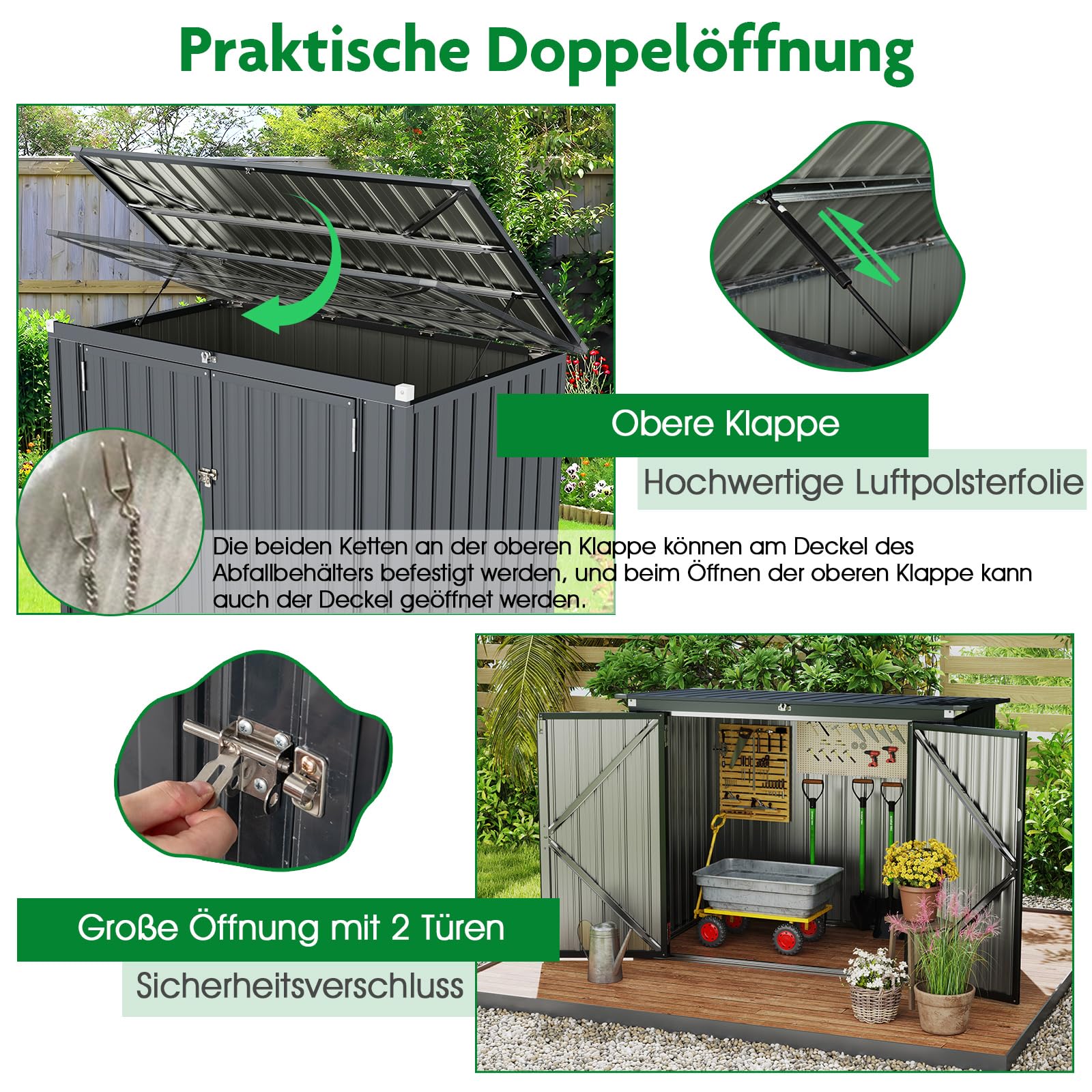 COSTWAY Mülltonnenbox für 2 Mülltonnen, Müllbox aus verzinktem Metall, Müllhaus mit 2 Türen & Klappdeckel, Mülltonnenschuppen abschließbar wetterfest, anthrazit, Gartenbox Garten, 172 x 95,5 x 130 cm