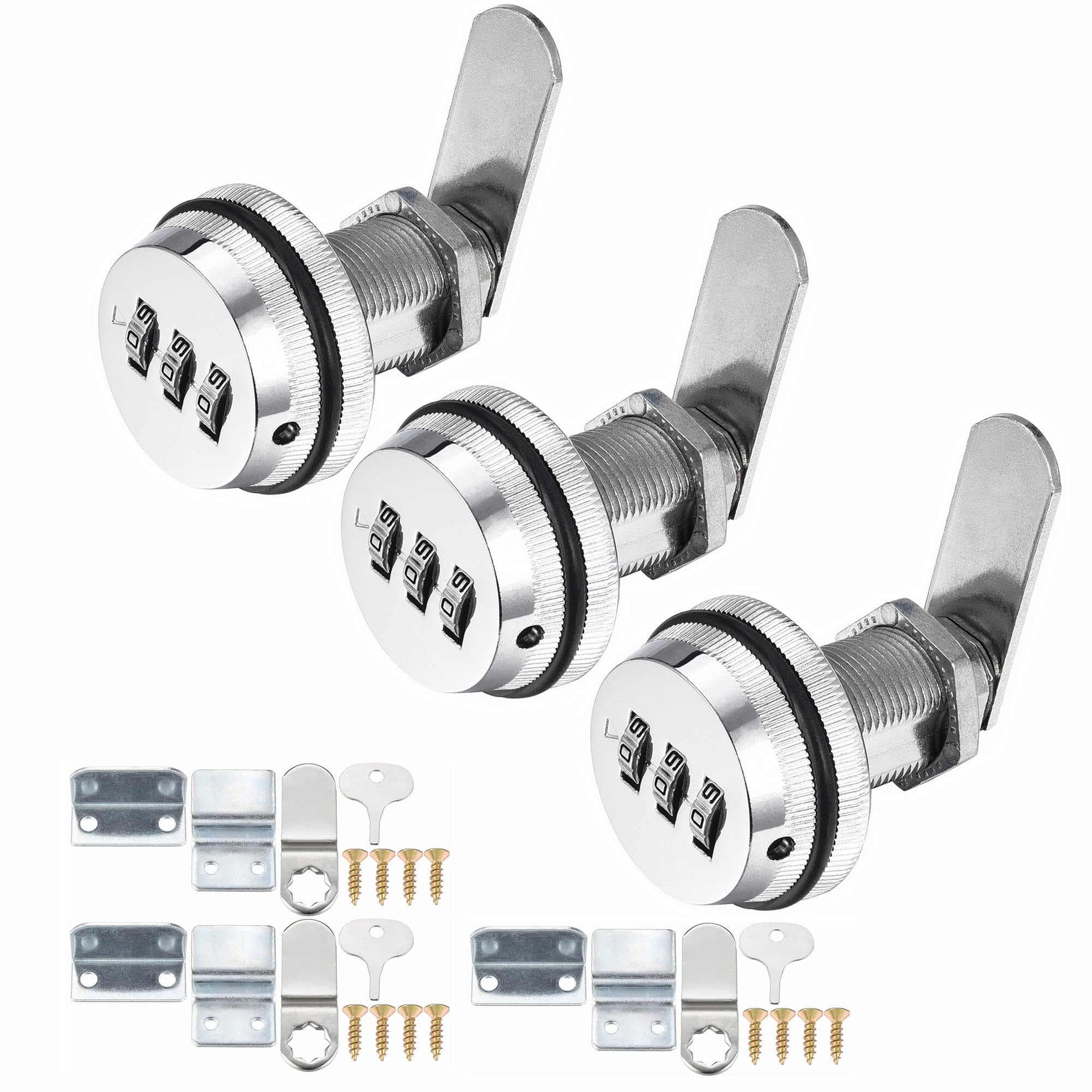 3 Pack Combination Cabinet Cam Lock with 1-1/8'' Cylinder and Chrome Finish, Security Combi-Cam Lock for Cabinet Filing Drawers Mailbox, Silver