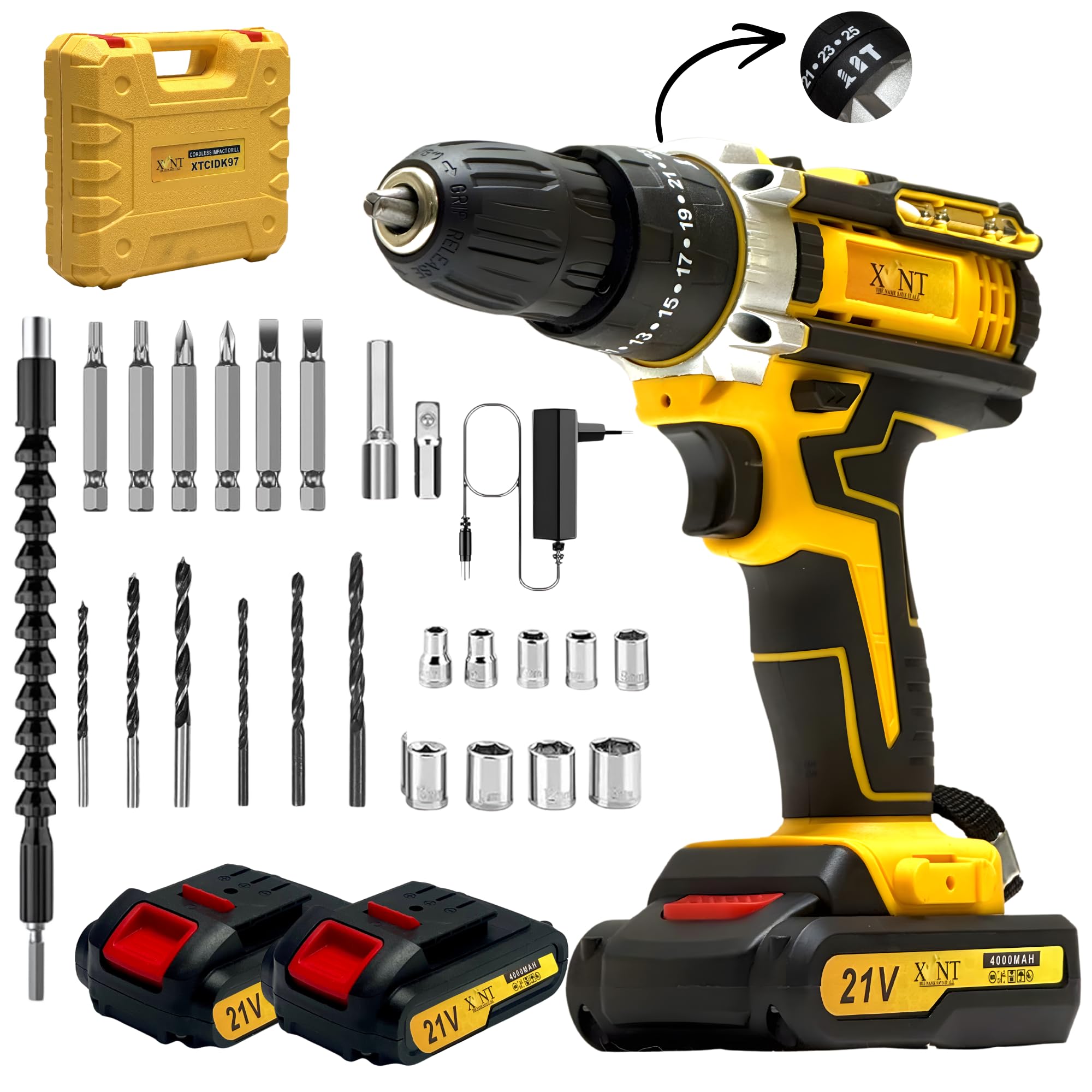 XLNT 21V Cordless Impact Drill Set with 2 Batteries and Fast