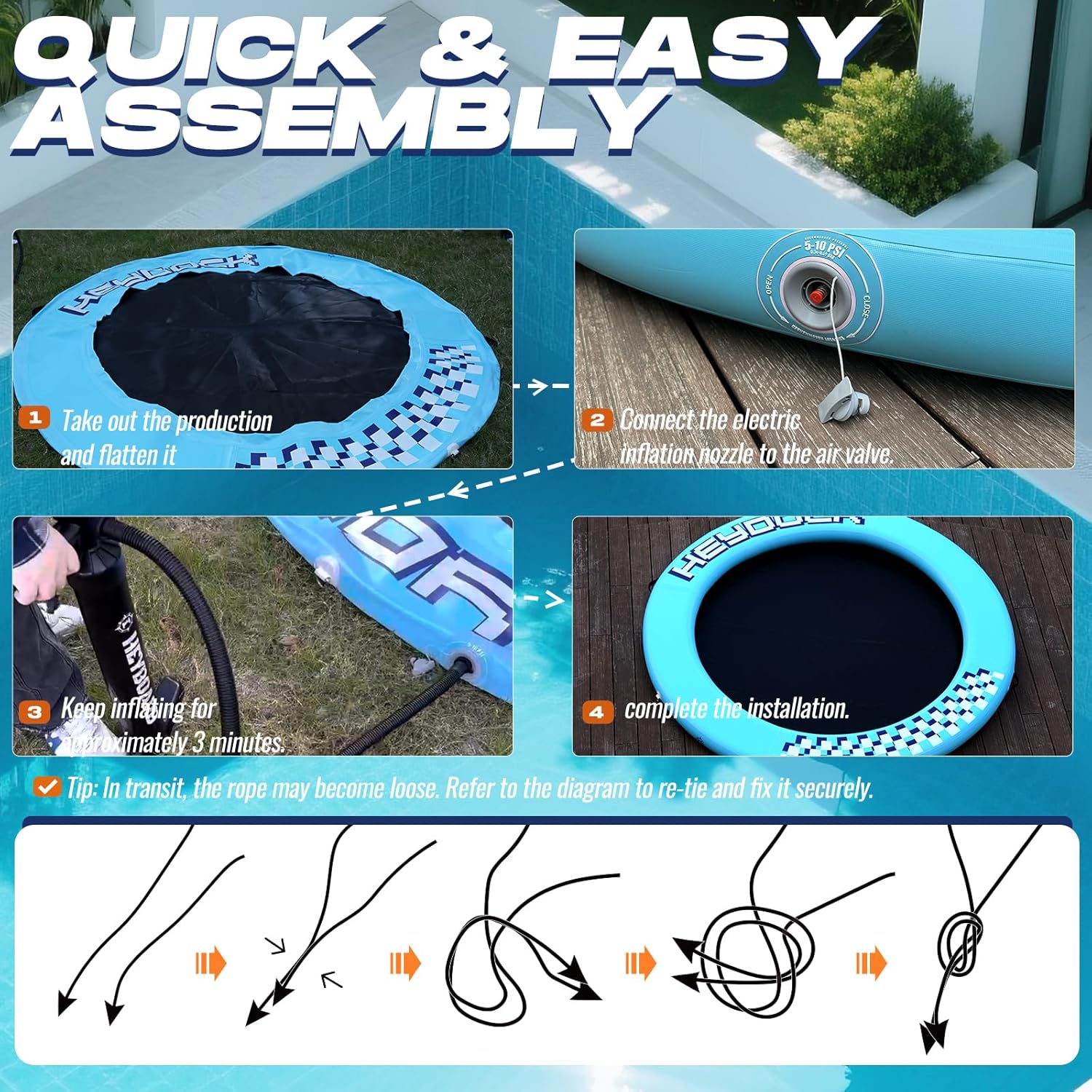 Inflatable Floating Ring Dock with Mesh, Full Drop-Stitch Construction, Round Water Hammock Raft Platform for Lake, Pool & Ocean, Includes Pump & Anchor Rope, 8 FT