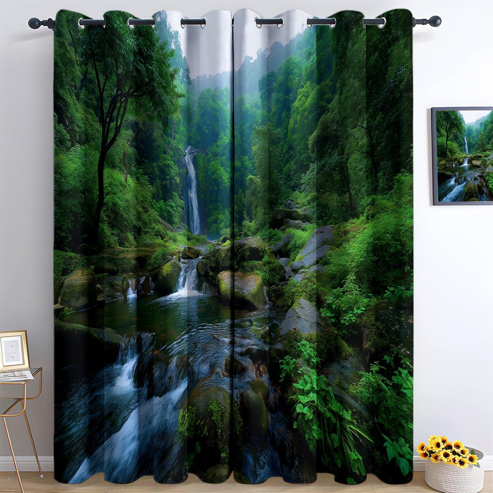 Verdunklungsvorhänge Wald Dschungel Kinderzimmer Vorhänge Blickdicht, Dunkelgrün Thermovorhang mit Ösen, für Schlafzimmer Fenster & Balkon Abenteuer Fotografie - 110 x 215 cm (2er Set)