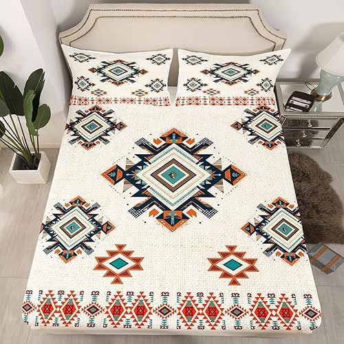 Manfei Sábana bajera ajustable geométrica étnica tamaño individual, juego de ropa de cama de estilo indio americano, 2 piezas para niños y niñas,