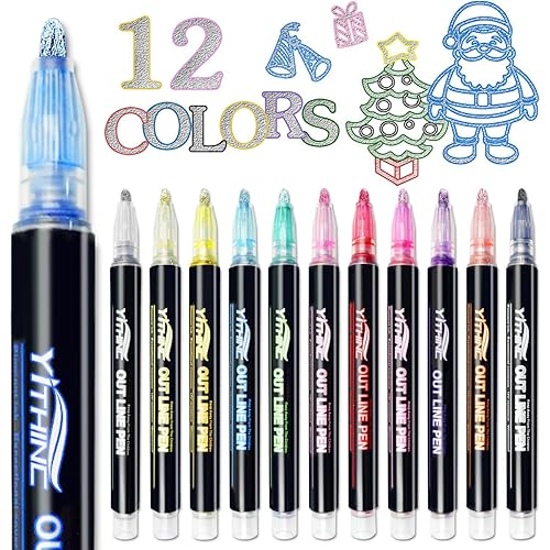 Outline Shimmer Markers, 12 Glitter Metallic Gel Pens for Coloring, Fun Gift for Halloween, Birthday Party Favors, Holiday Stocking Stuffers, Cool DIY Art Crafts Drawing Supplies