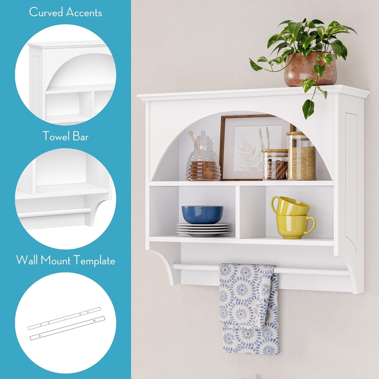 RiverRidge Kitchen Wall Cabinet with Arched Design & Towel Bar - Wall Mounted Storage Cabinet with Display Shelf & Dual Cubbies Kitchen Organization Solution