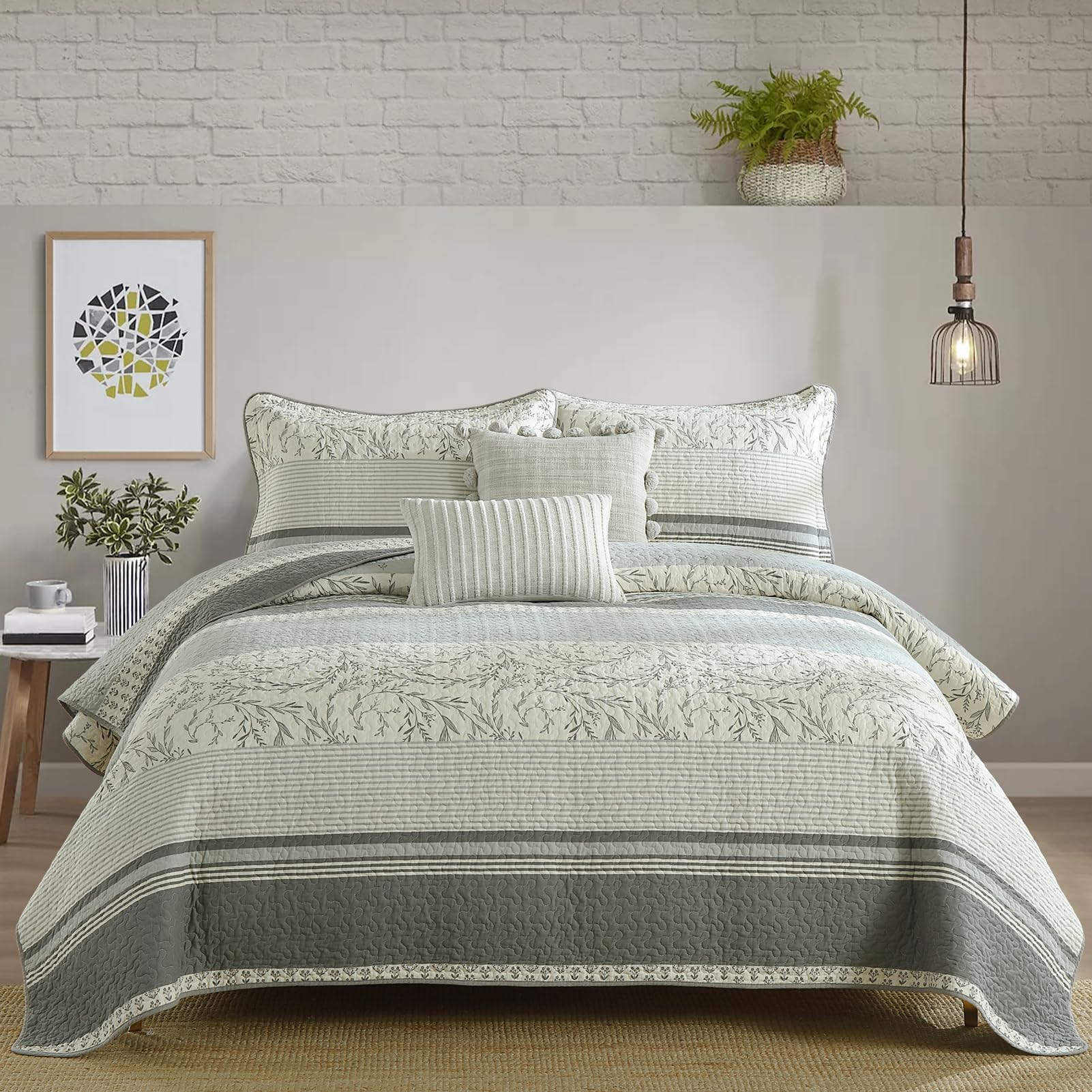 QuiltMuse Grey Quilts Queen Size - 100% Cotton Quilted Bedding Set for Queen Bed, Lightweight Soft Bedspread with 2 Pillow Shams, Farmhouse Striped
